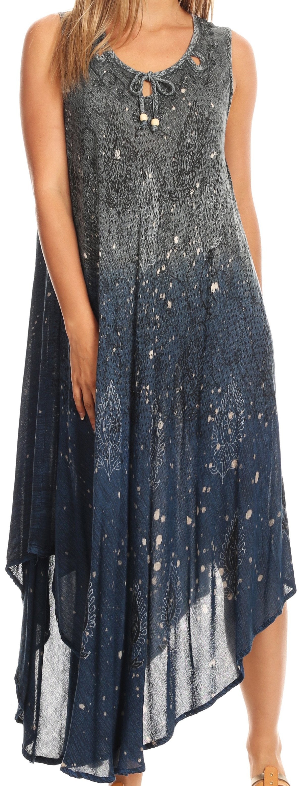 Sakkas Priscilla Sleeveless Stonewashed Ombre Tie Front Dress / Cover Up