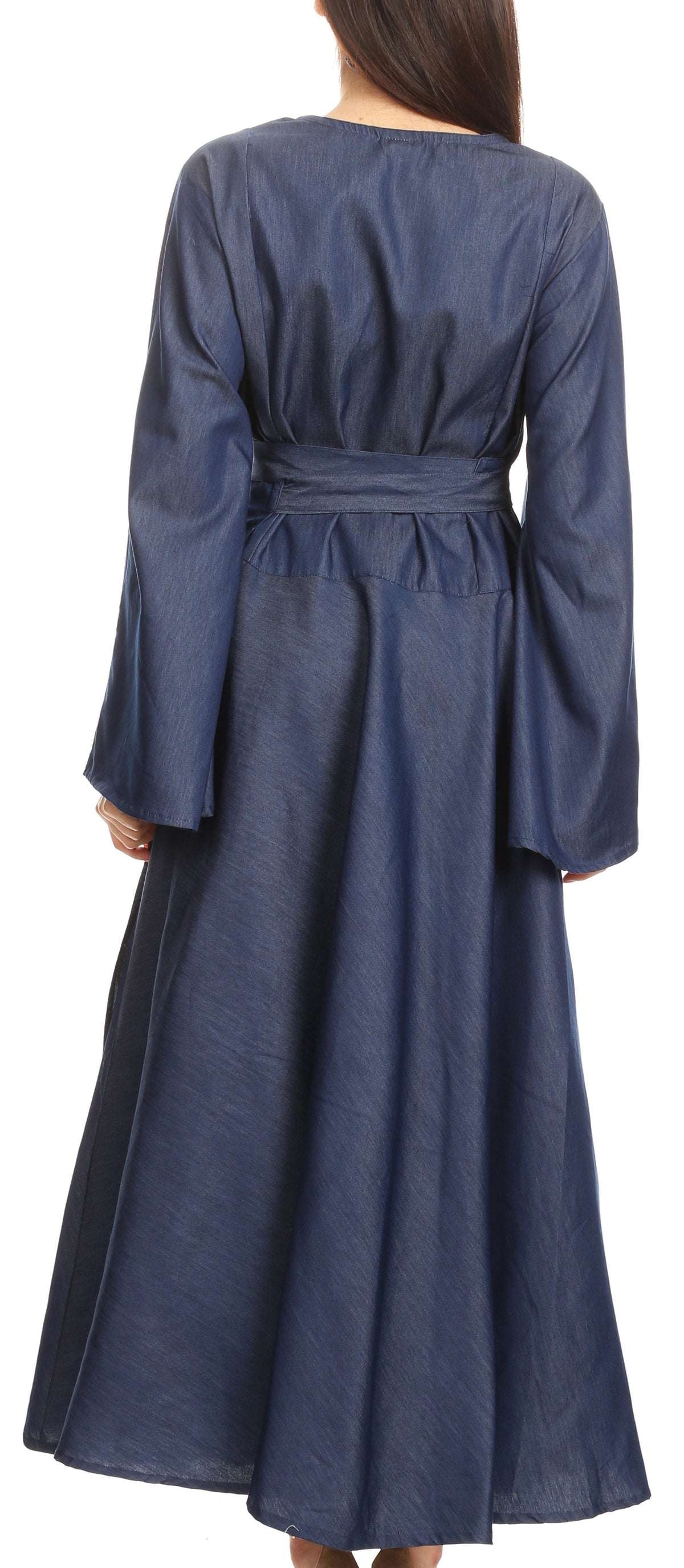 Sakkas Ximena Long Wrap Around Bell Sleeve Chambray Full Circle Dress Casual