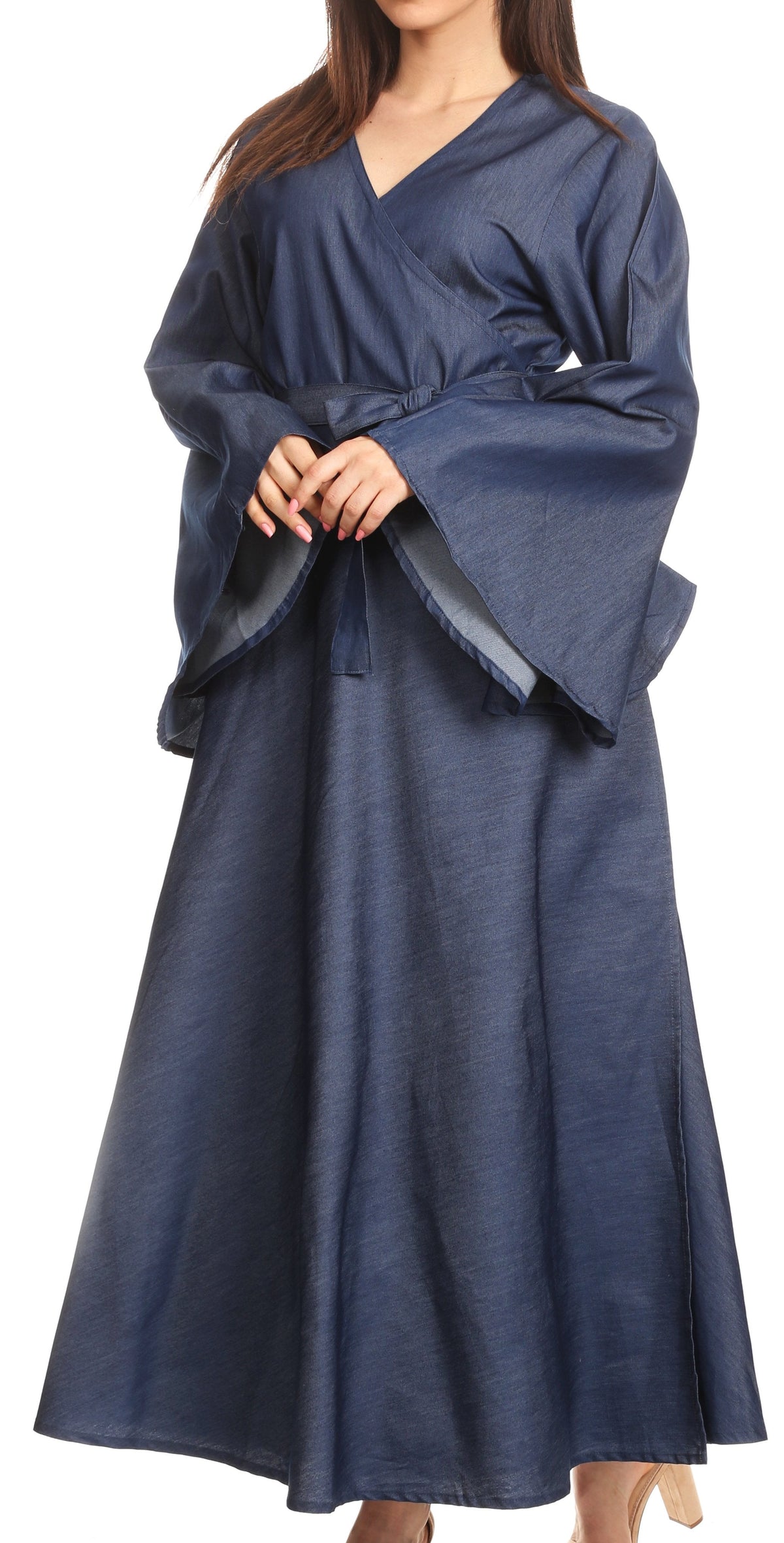 Sakkas Ximena Long Wrap Around Bell Sleeve Chambray Full Circle Dress Casual