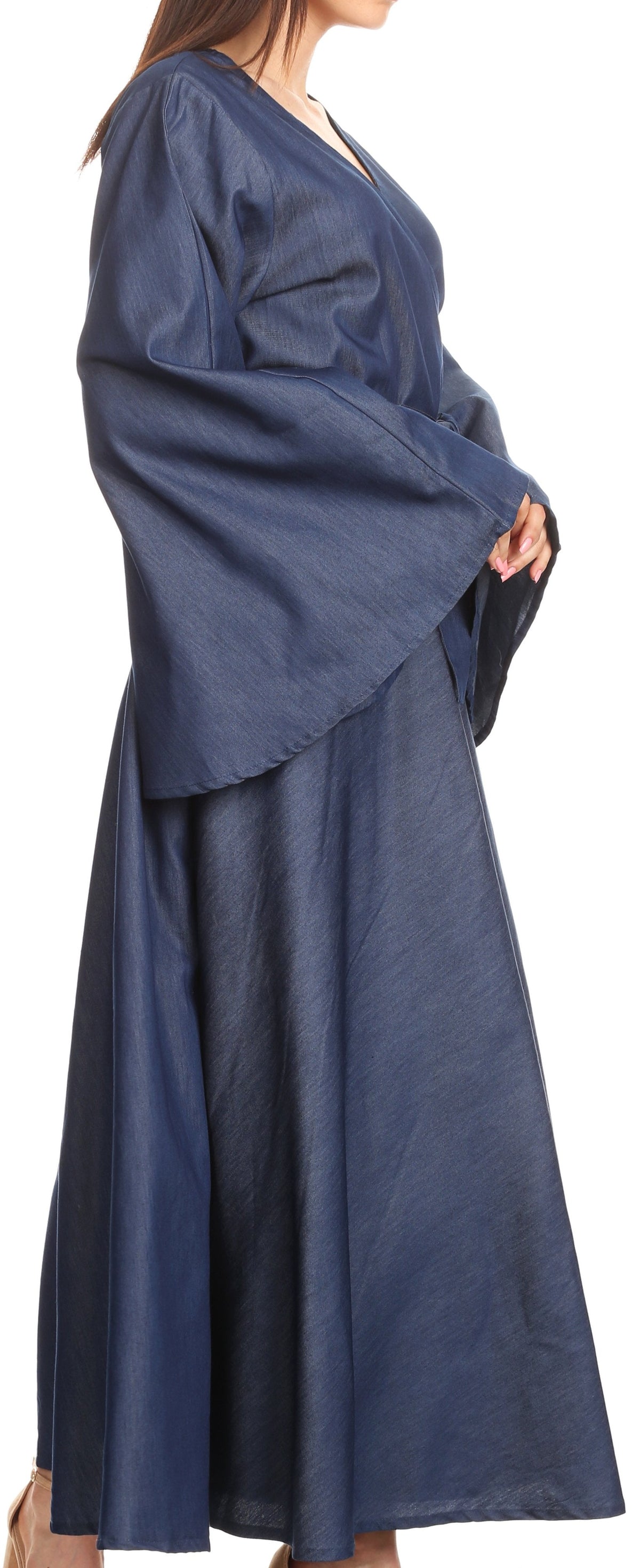 Sakkas Ximena Long Wrap Around Bell Sleeve Chambray Full Circle Dress Casual