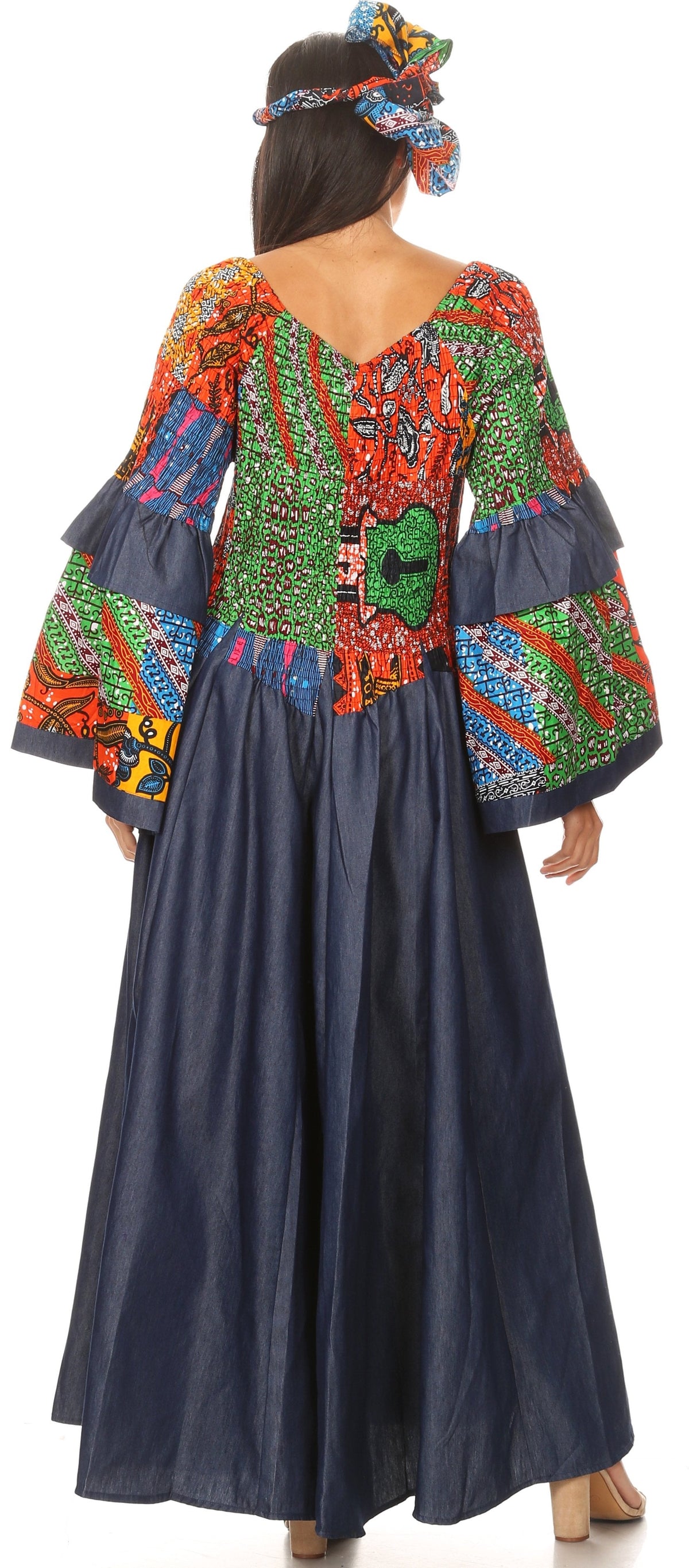 Sakkas Abayomi Wax African Ankara Chambray Peasant Medieval Casual Long Dress