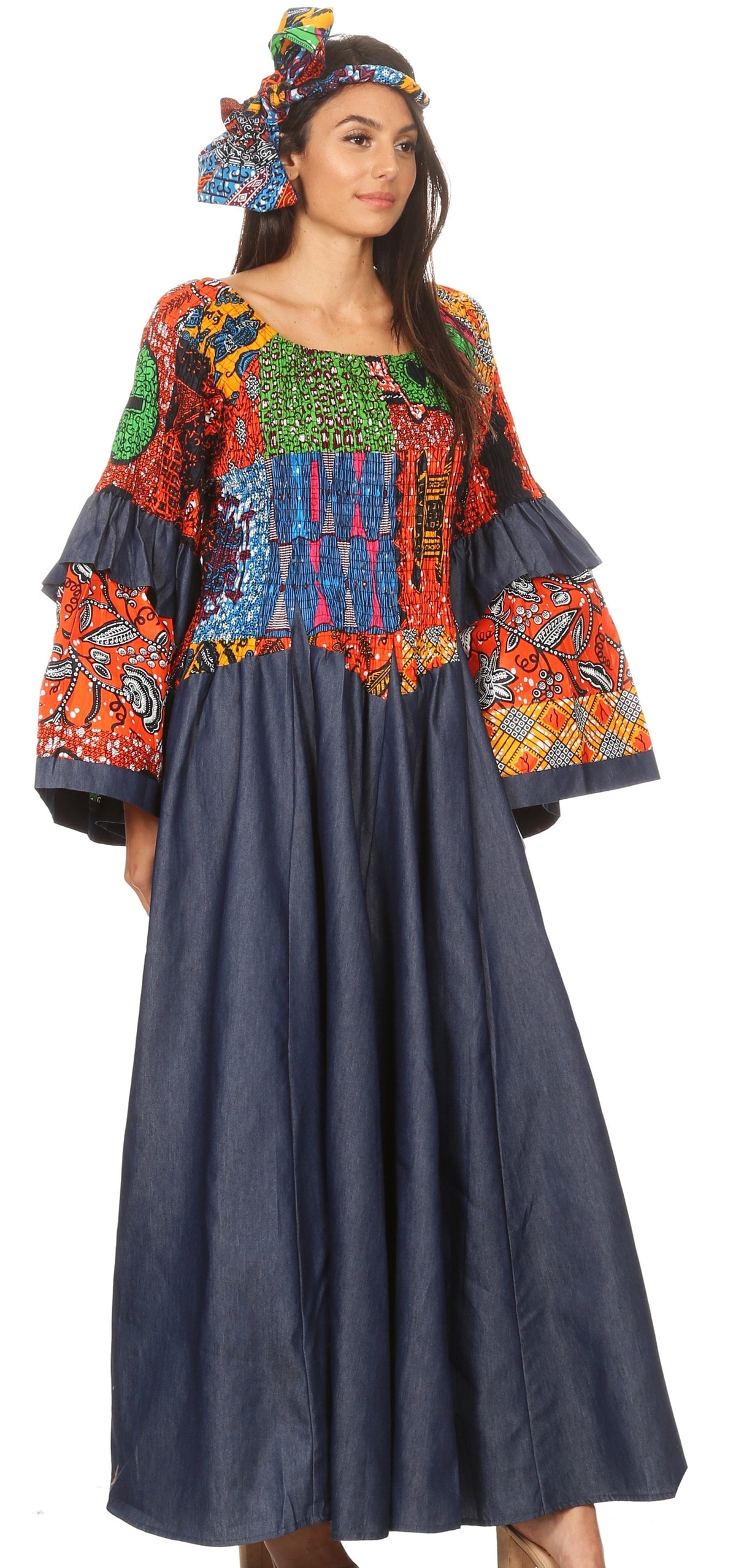 Sakkas Abayomi Wax African Ankara Chambray Peasant Medieval Casual Long Dress