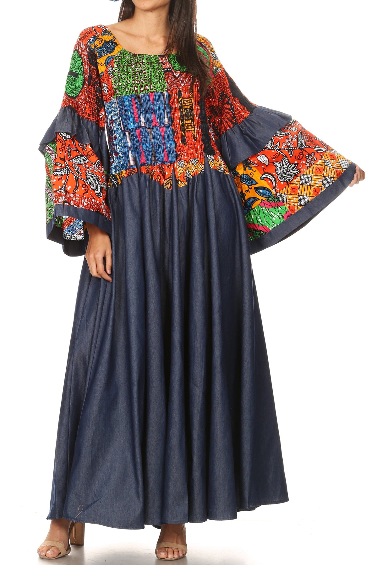 Sakkas Abayomi Wax African Ankara Chambray Peasant Medieval Casual Long Dress