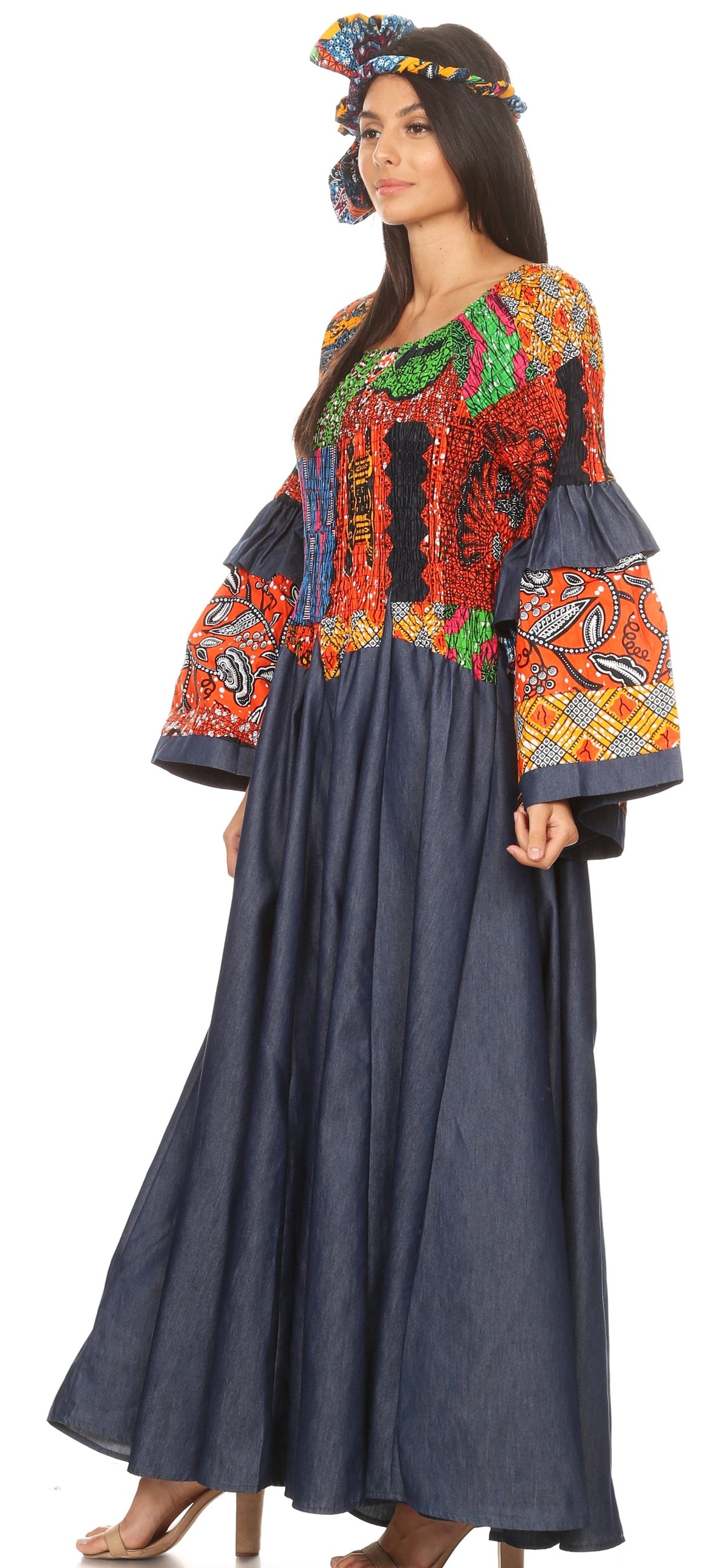 Sakkas Abayomi Wax African Ankara Chambray Peasant Medieval Casual Long Dress