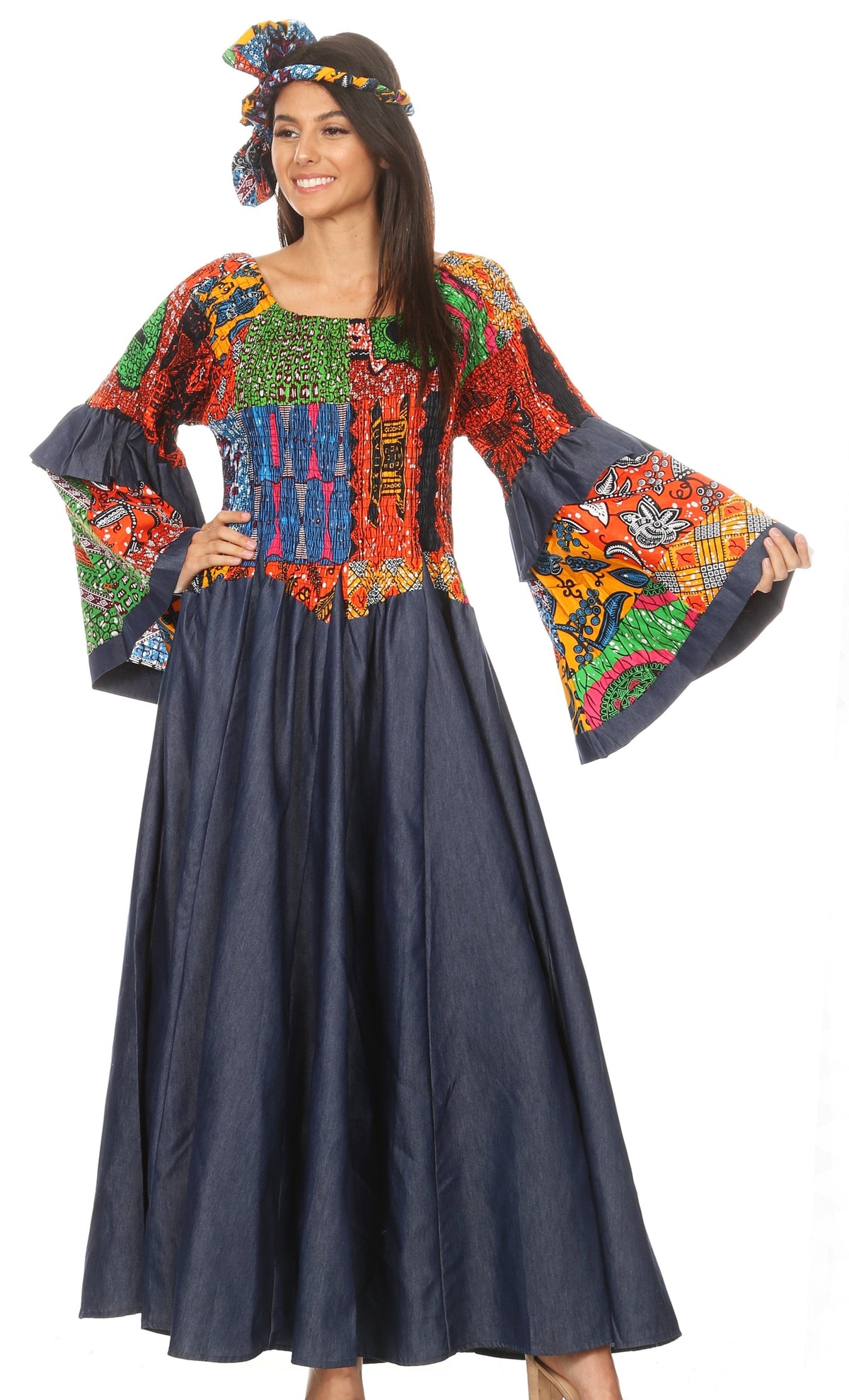 Sakkas Abayomi Wax African Ankara Chambray Peasant Medieval Casual Long Dress