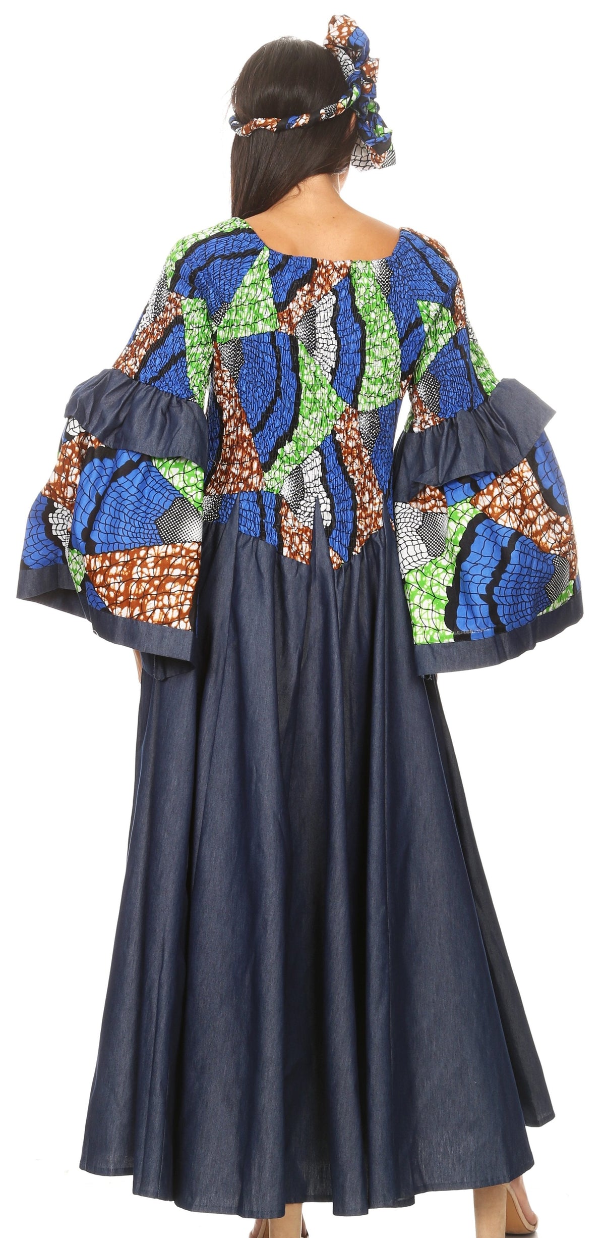 Sakkas Abayomi Wax African Ankara Chambray Peasant Medieval Casual Long Dress