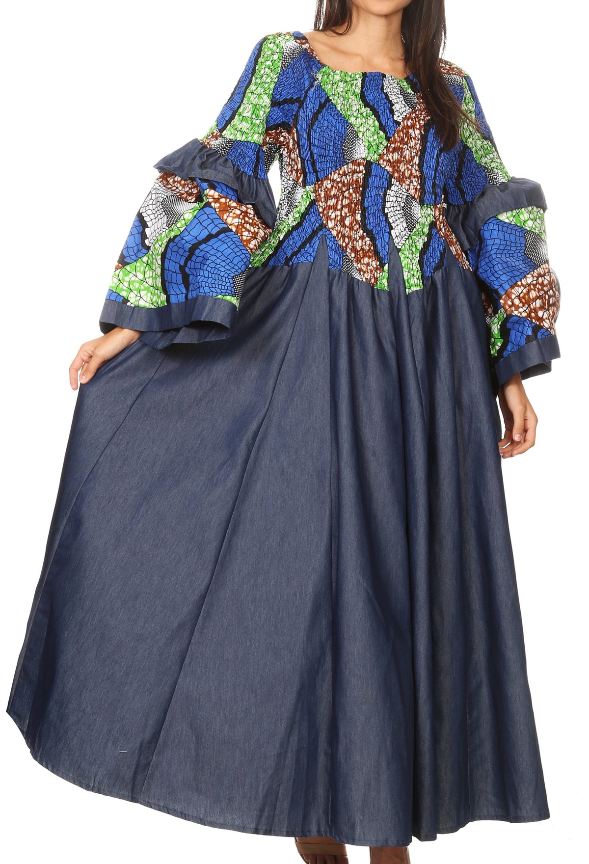 Sakkas Abayomi Wax African Ankara Chambray Peasant Medieval Casual Long Dress