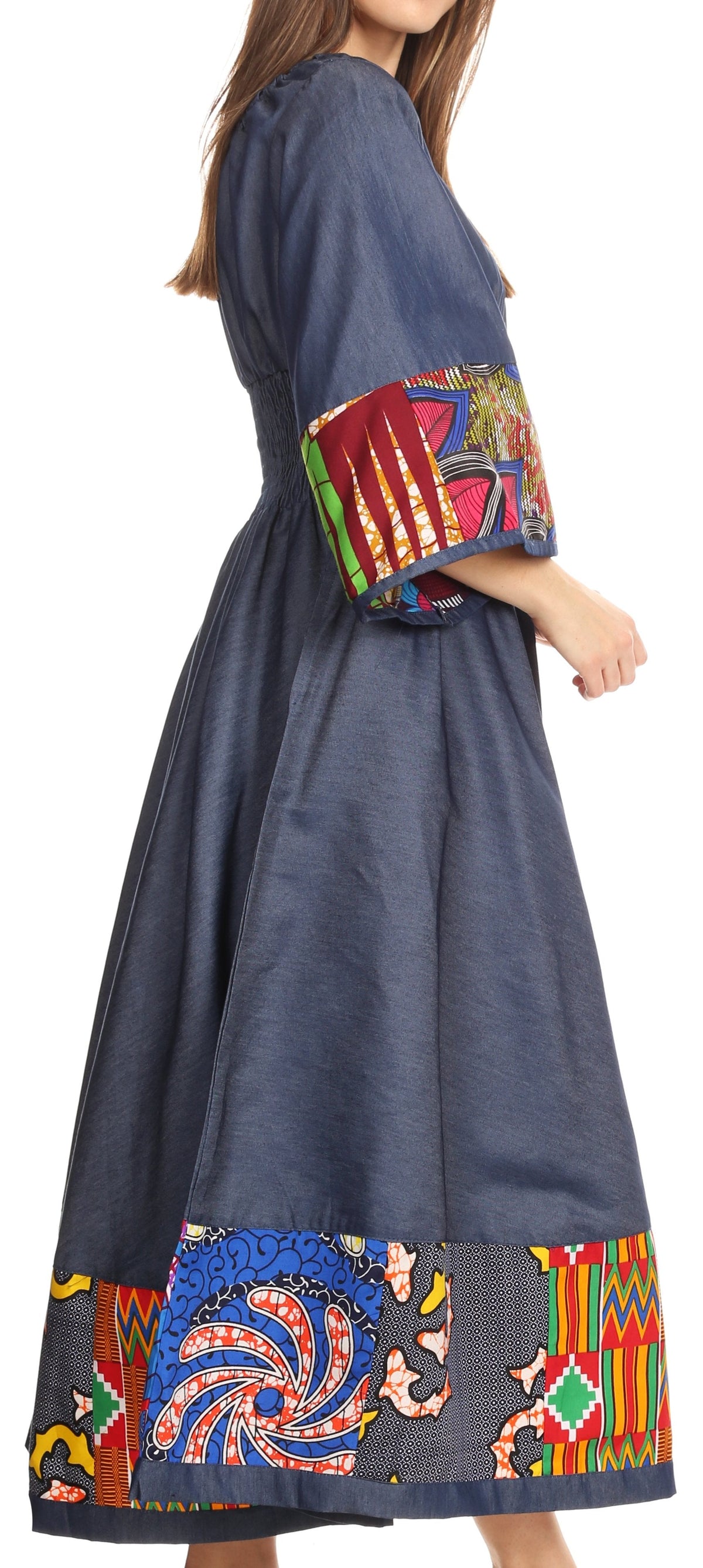 Sakkas Abayomi Wax African Ankara Chambray Peasant Medieval Casual Long Dress