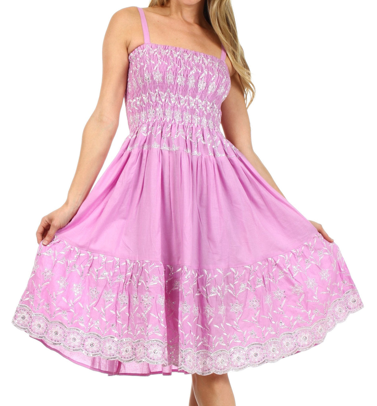 Sakkas Sequin Embroidered Smocked Bodice Knee Length Dress