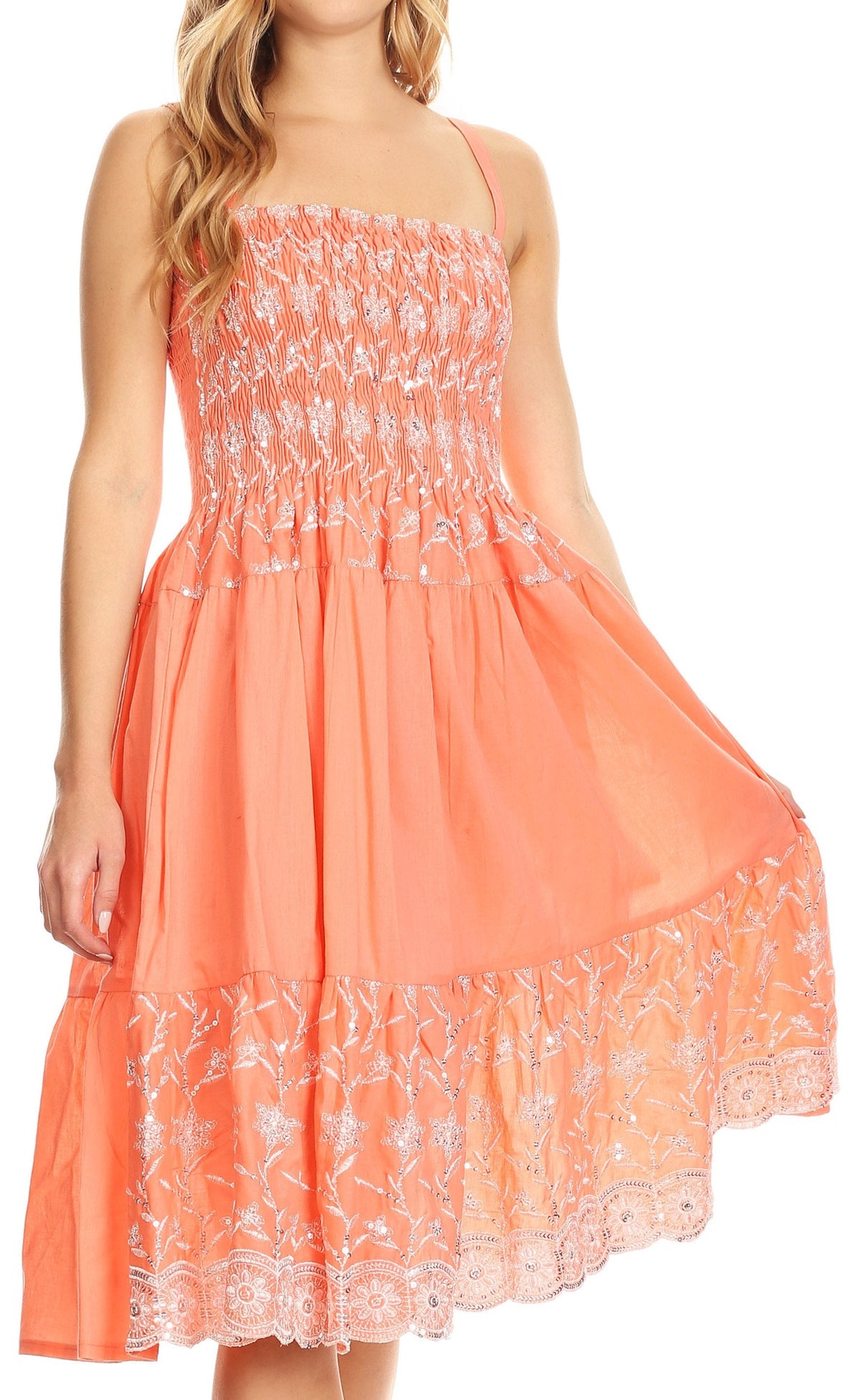 Sakkas Sequin Embroidered Smocked Bodice Knee Length Dress