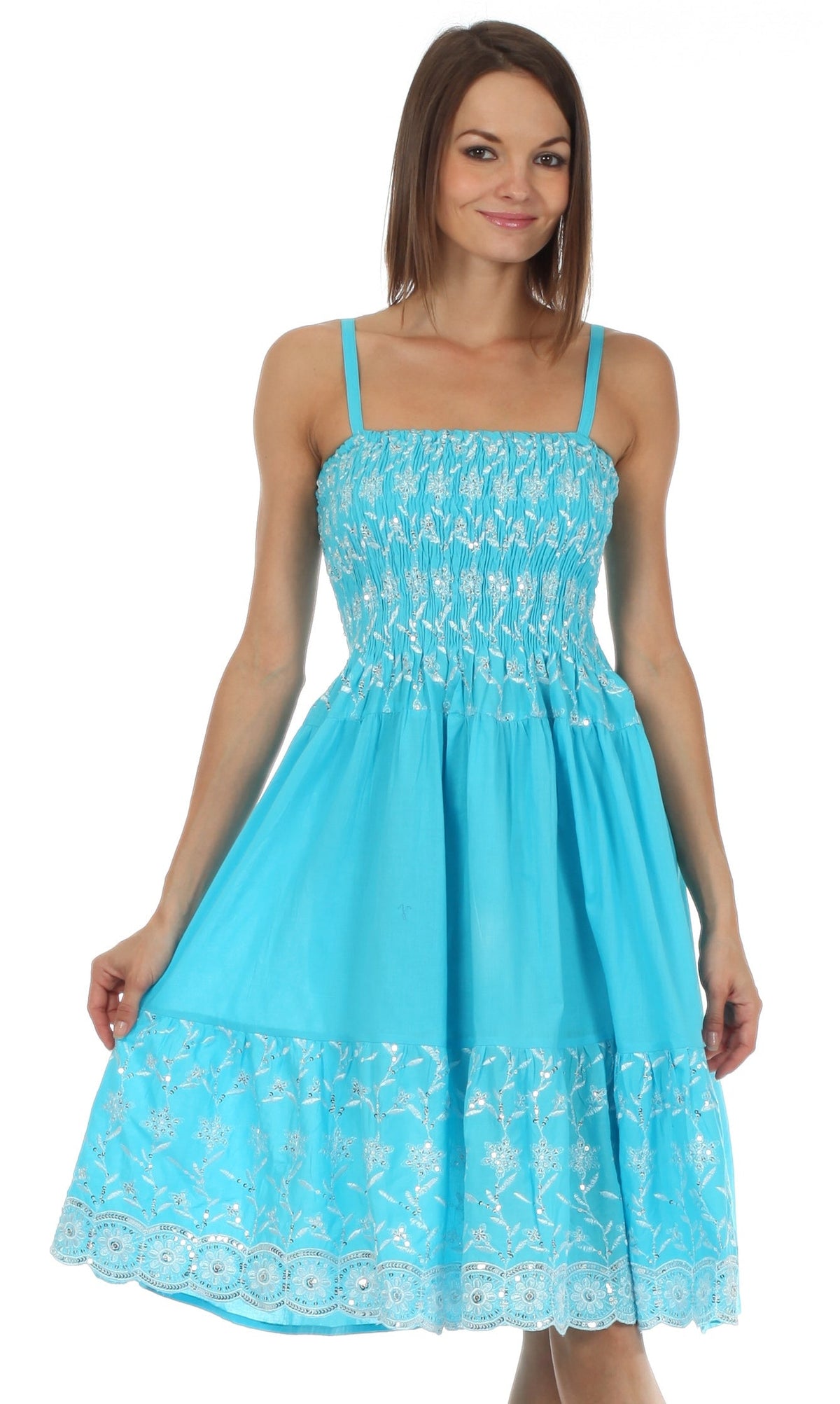 Sakkas Sequin Embroidered Smocked Bodice Knee Length Dress
