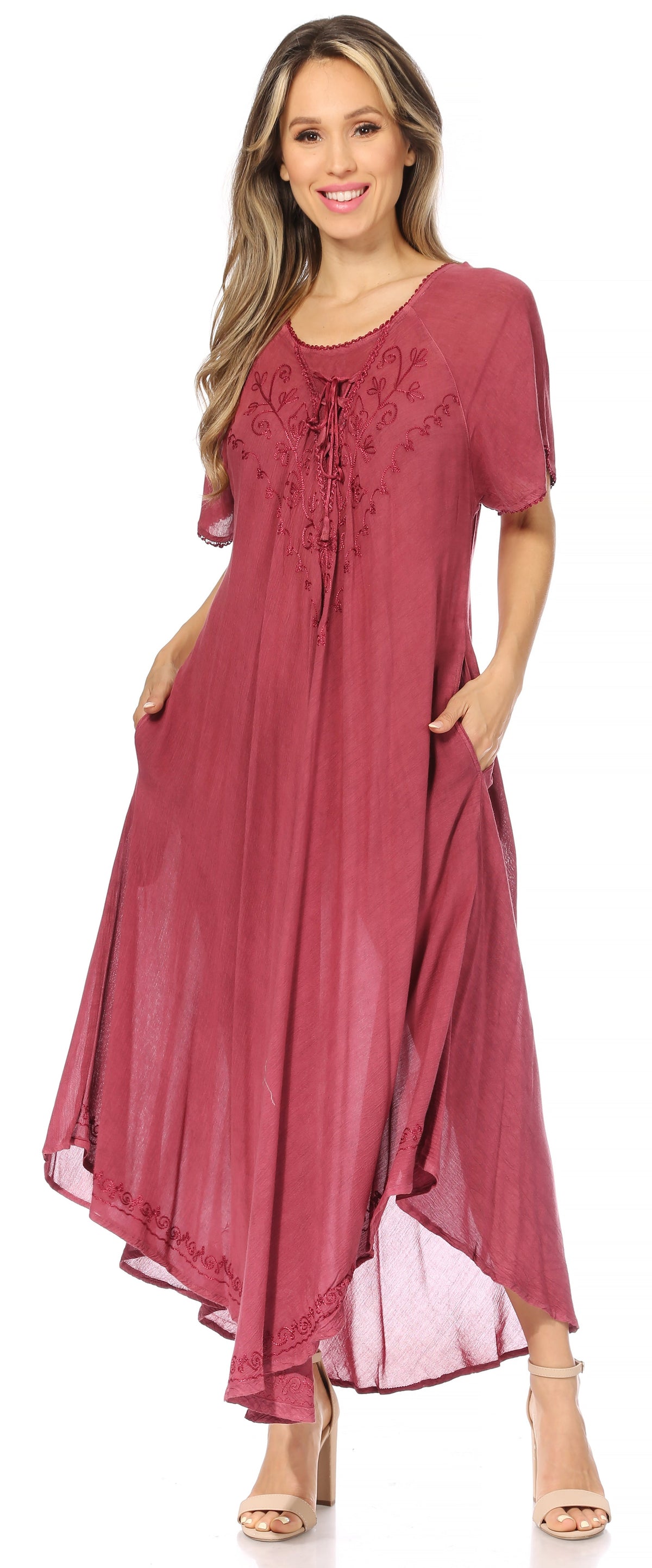 Sakkas Lilia Embroidered Lace Up Bodice Relaxed Fit Maxi Sun Dress