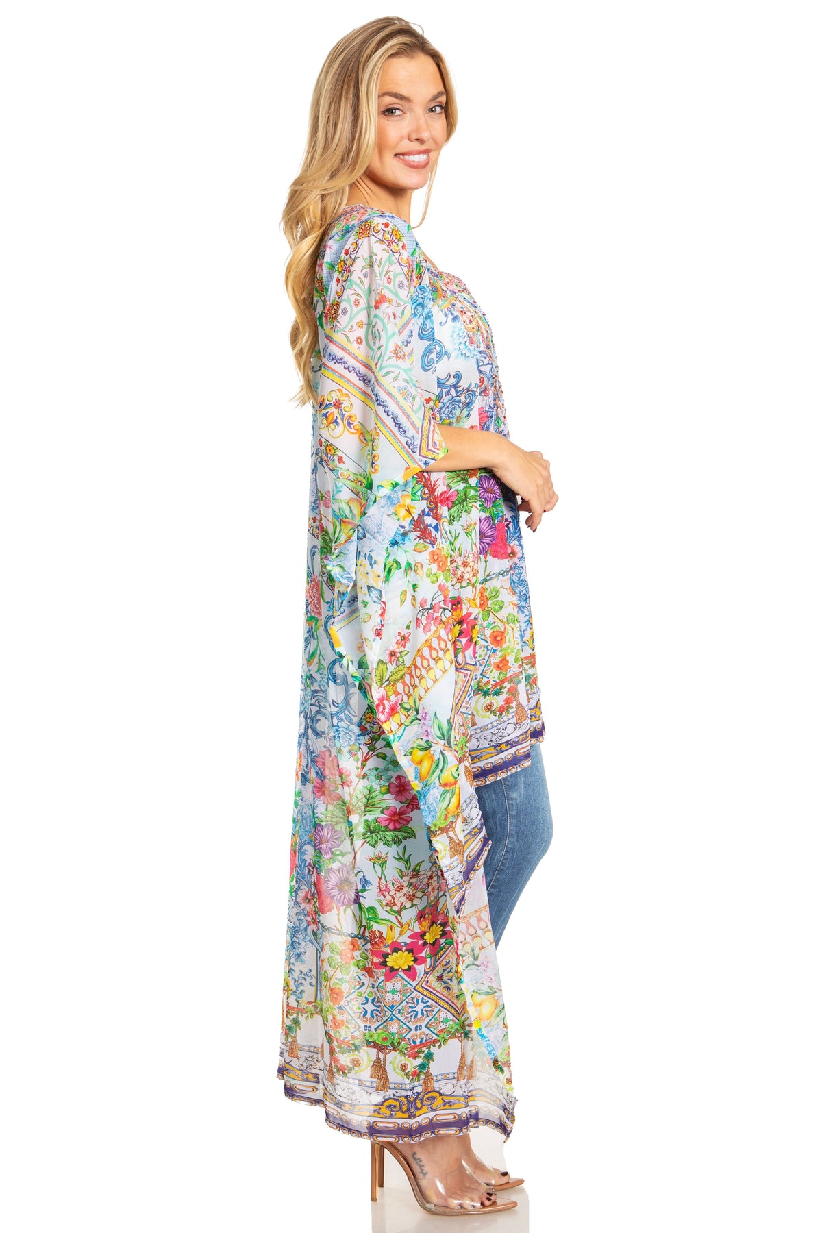 Sakkas Zeke Hi Low V-Neck Caftan Dress Printed Top Cover / Up