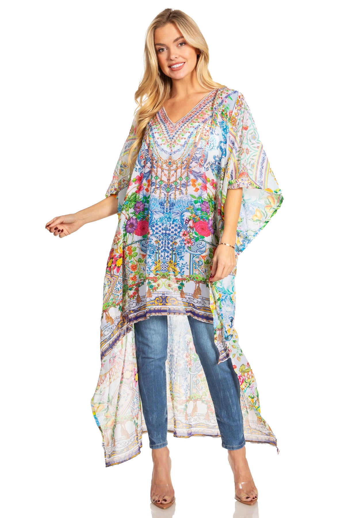 Sakkas Zeke Hi Low V-Neck Caftan Dress Printed Top Cover / Up