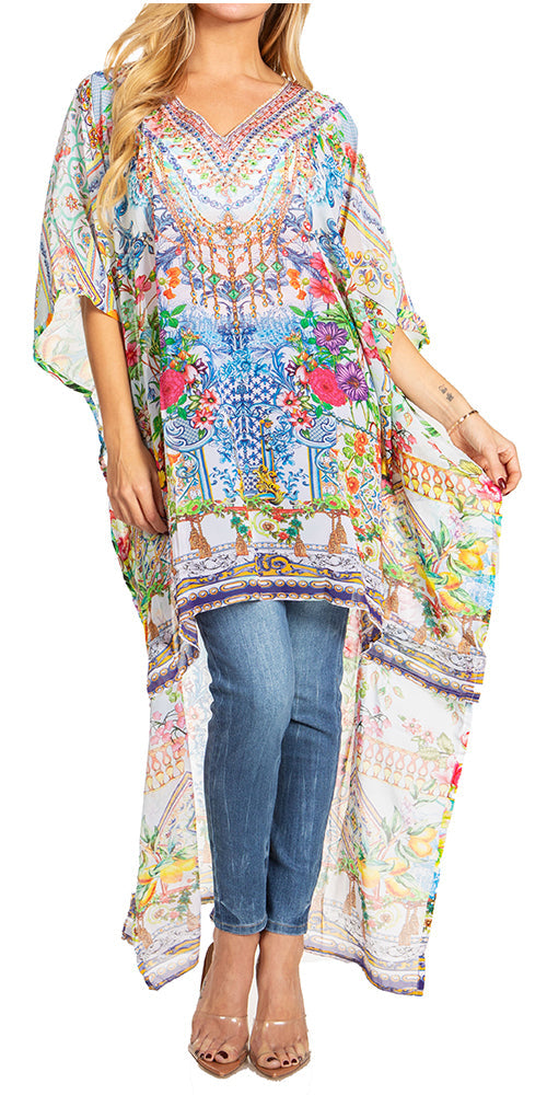 Sakkas Zeke Hi Low V-Neck Caftan Dress Printed Top Cover / Up