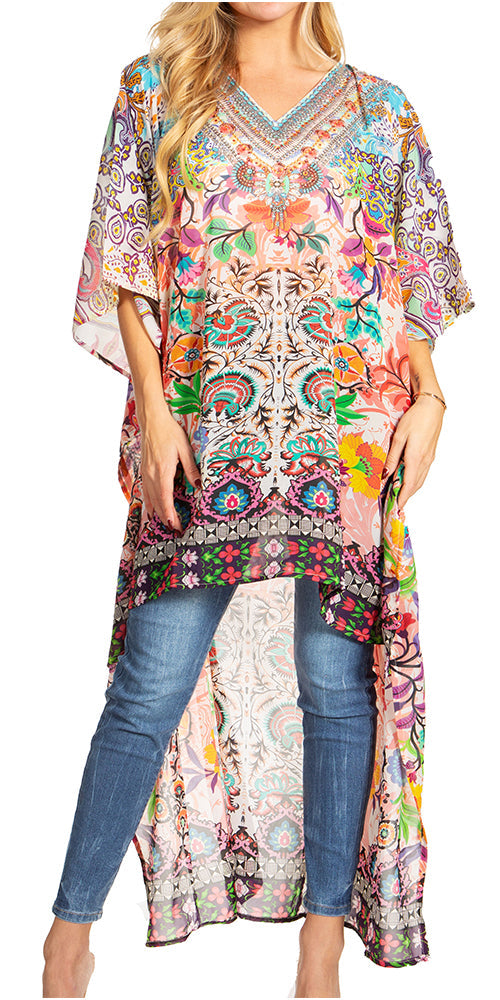 Sakkas Zeke Hi Low V-Neck Caftan Dress Printed Top Cover / Up