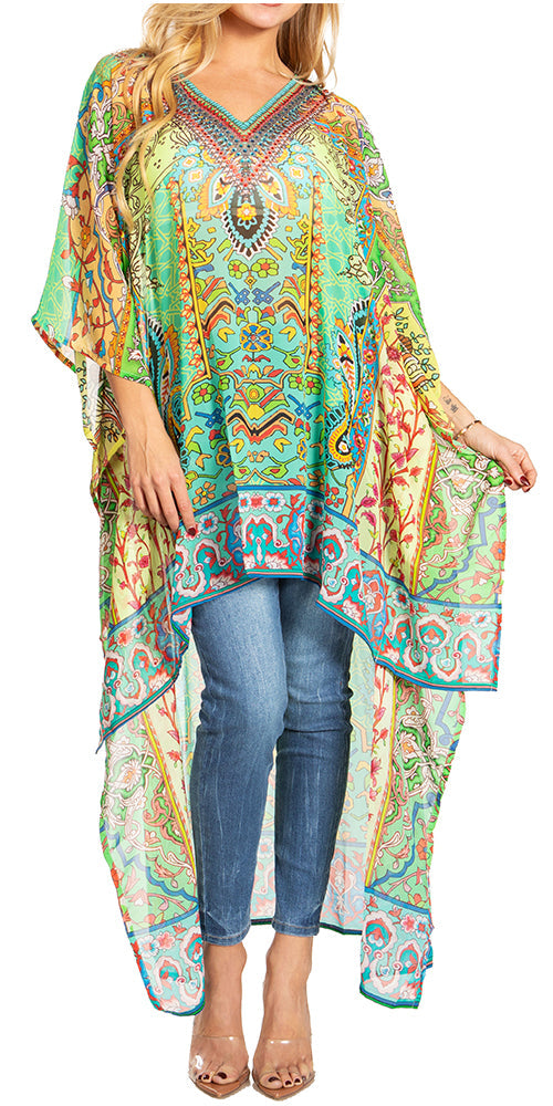 Sakkas Zeke Hi Low V-Neck Caftan Dress Printed Top Cover / Up