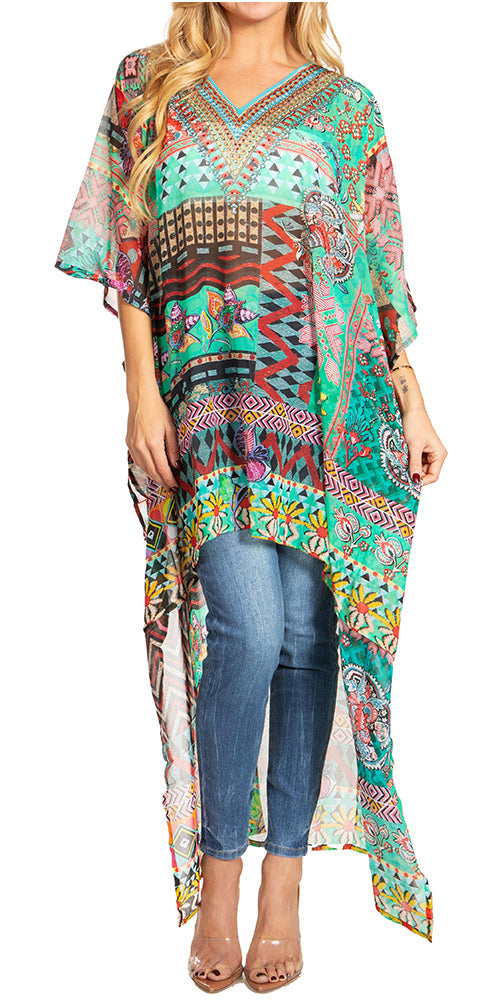 Sakkas Zeke Hi Low V-Neck Caftan Dress Printed Top Cover / Up