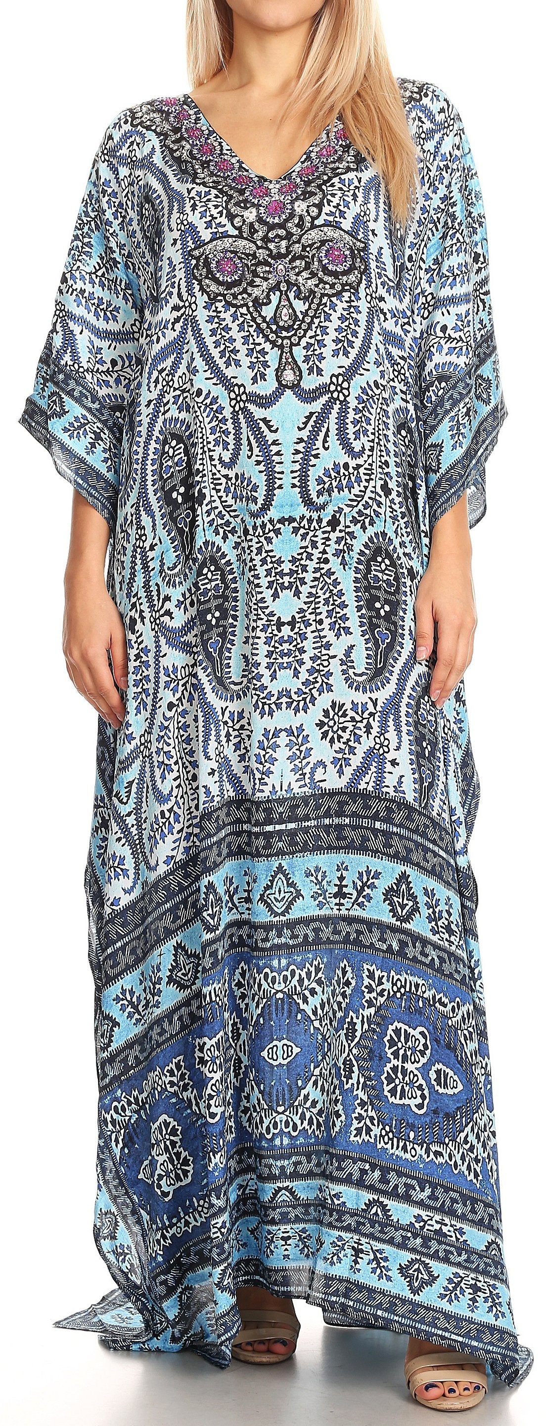Sakkas Anahi Flowy Design V Neck Long Caftan Dress / Cover Up With Rhinestone