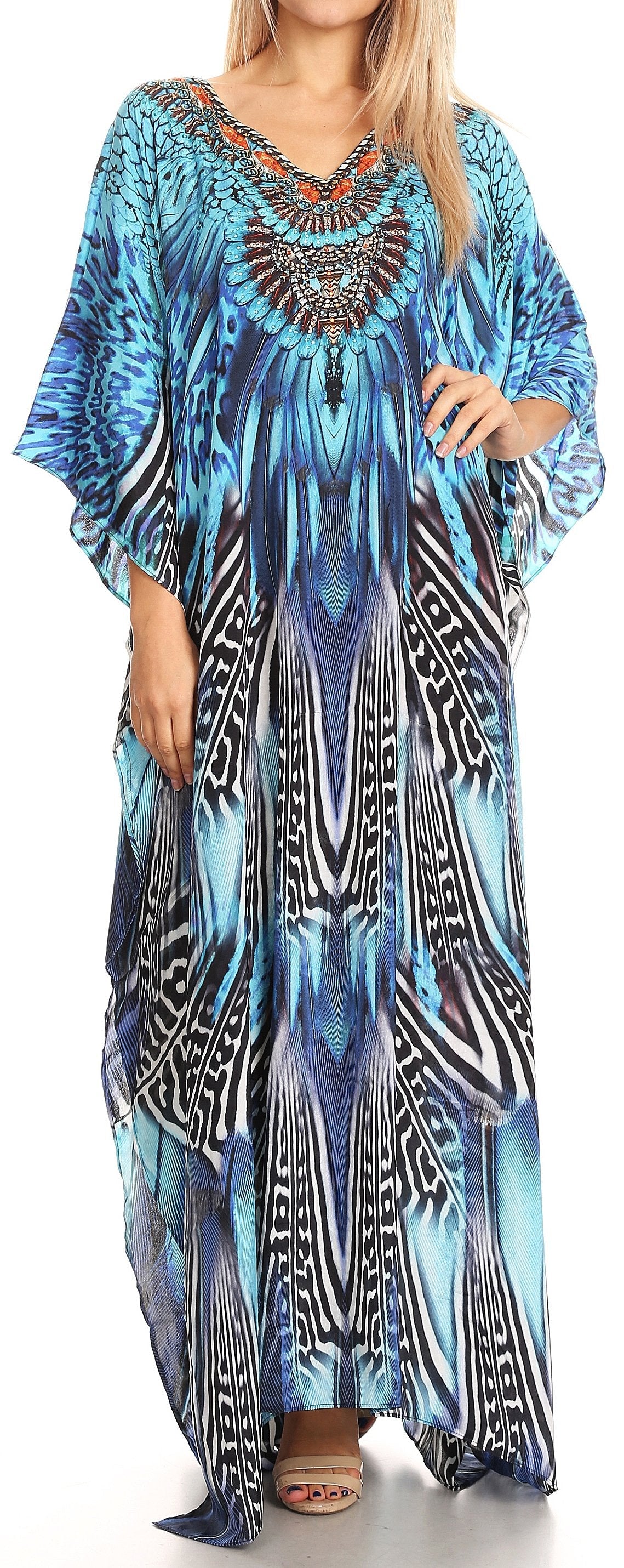 Sakkas Anahi Flowy Design V Neck Long Caftan Dress / Cover Up With Rhinestone