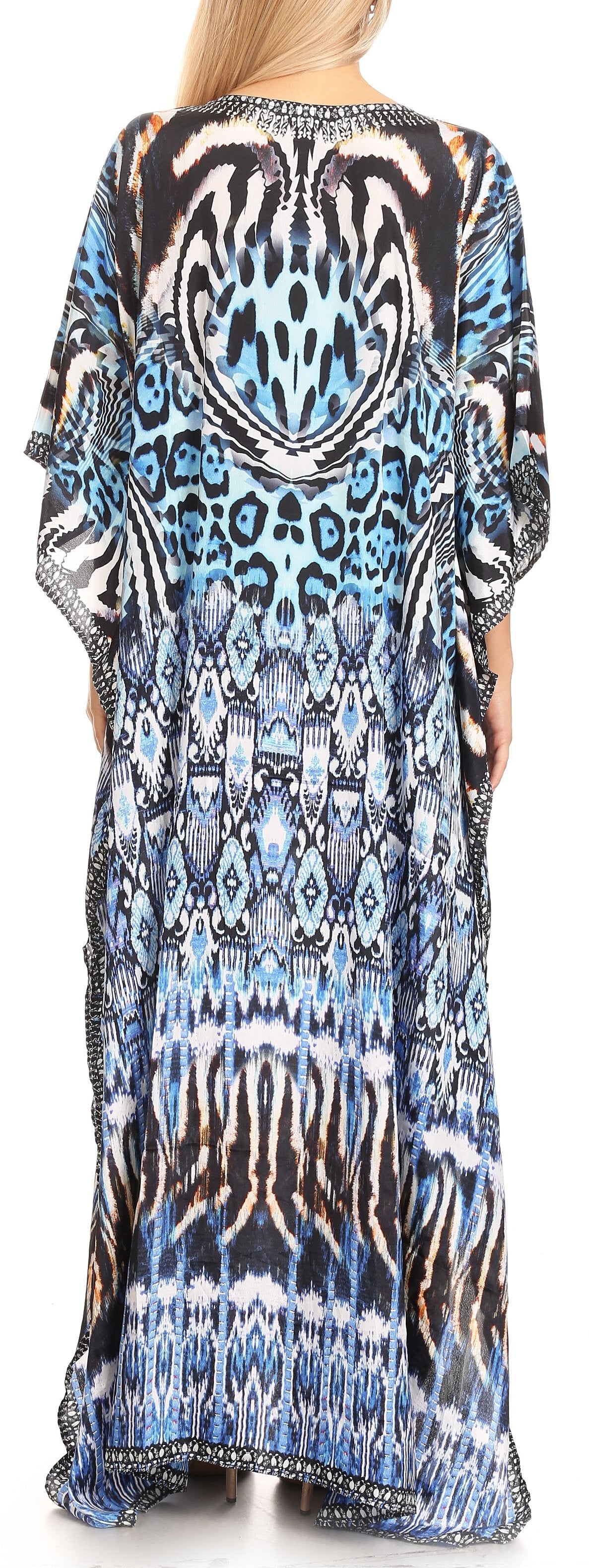 Sakkas Anahi Flowy Design V Neck Long Caftan Dress / Cover Up With Rhinestone