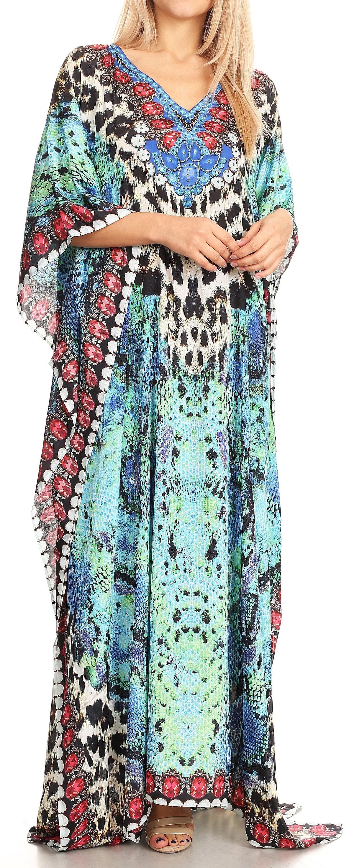 Sakkas Anahi Flowy Design V Neck Long Caftan Dress / Cover Up With Rhinestone
