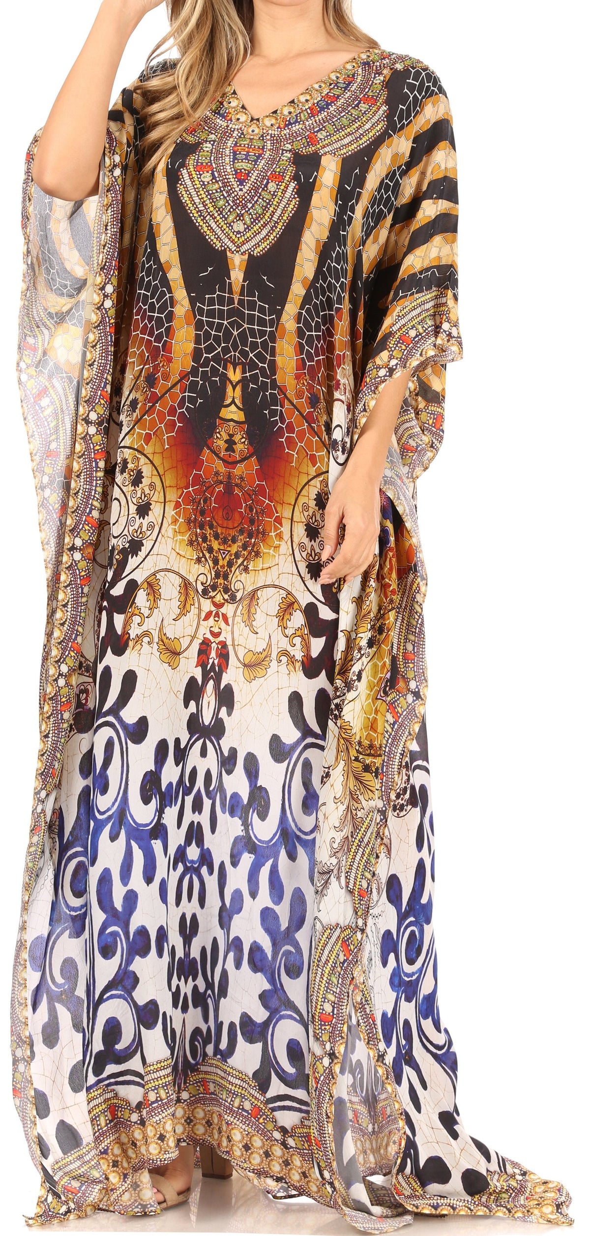 Sakkas Anahi Flowy Design V Neck Long Caftan Dress / Cover Up With Rhinestone