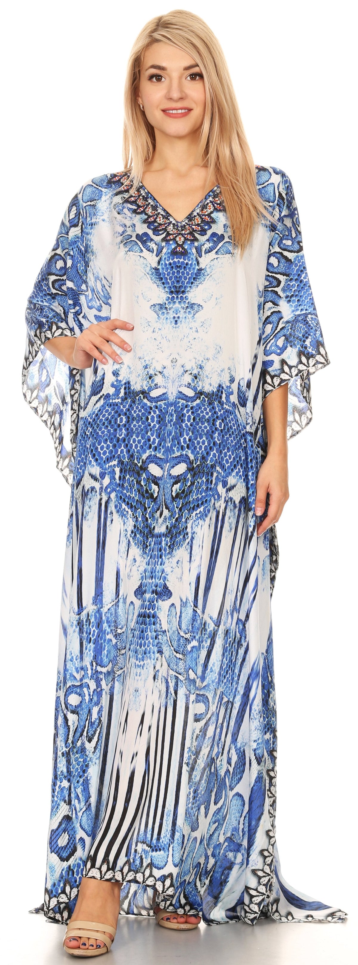 Sakkas Anahi Flowy Design V Neck Long Caftan Dress / Cover Up With Rhinestone