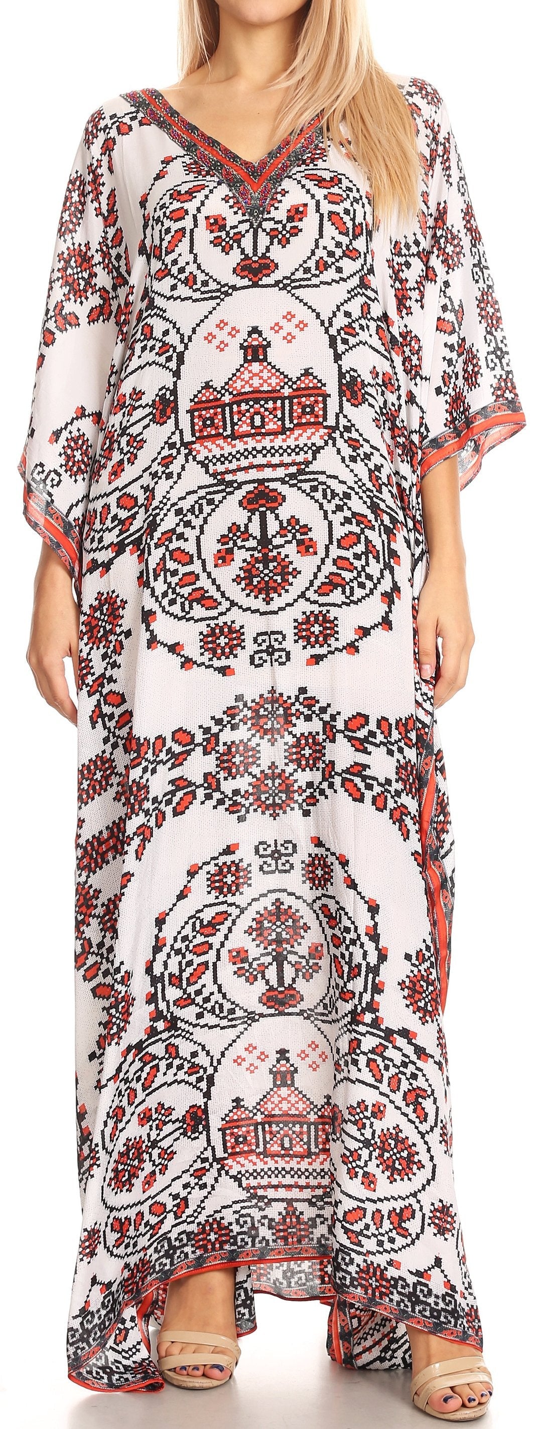 Sakkas Anahi Flowy Design V Neck Long Caftan Dress / Cover Up With Rhinestone