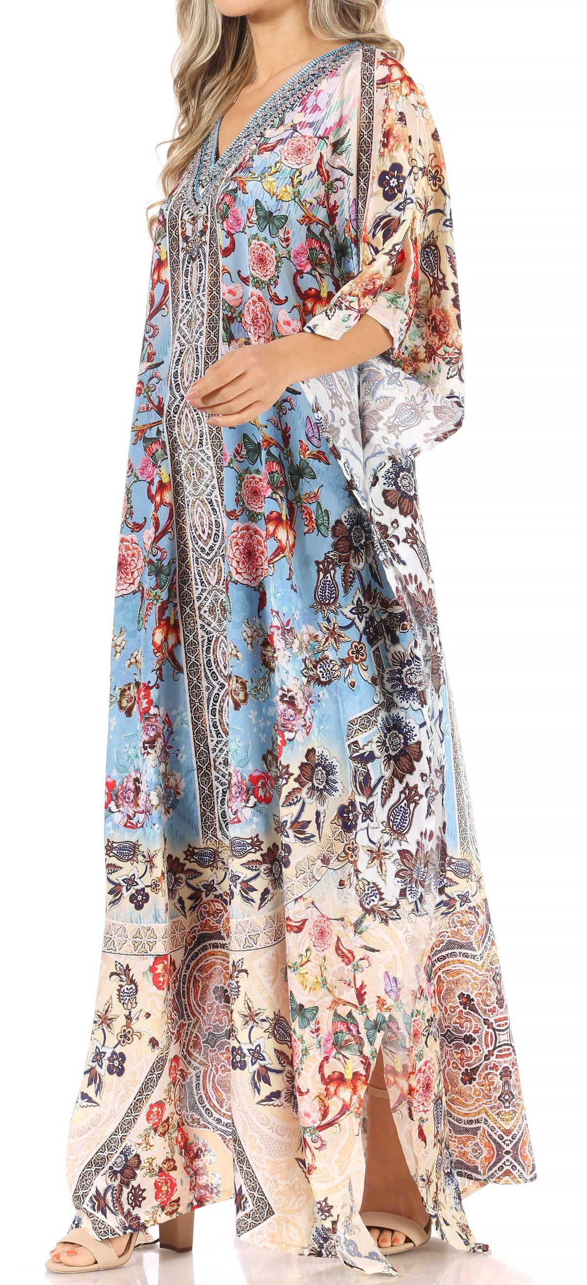 Sakkas Anahi Flowy Design V Neck Long Caftan Dress / Cover Up With Rhinestone