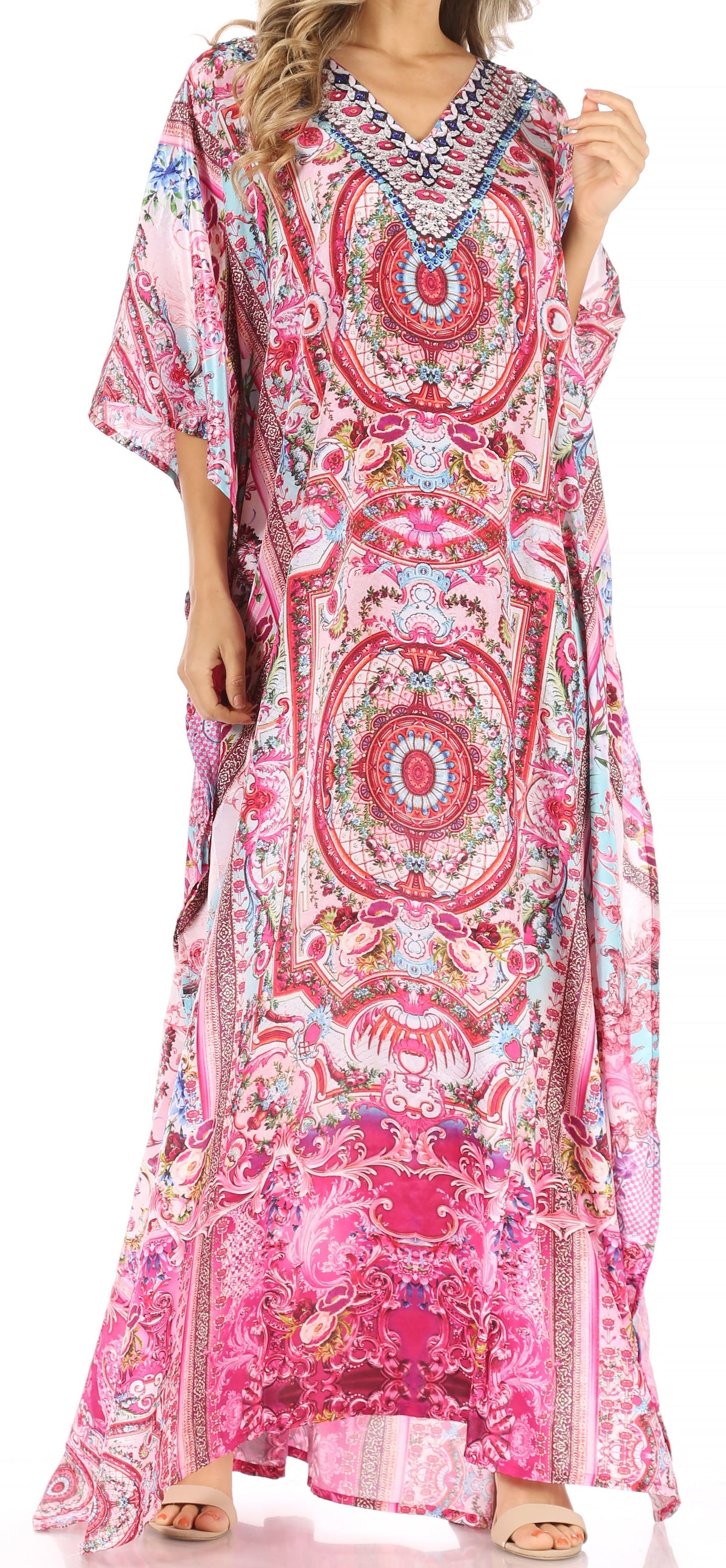 Sakkas Anahi Flowy Design V Neck Long Caftan Dress / Cover Up With Rhinestone