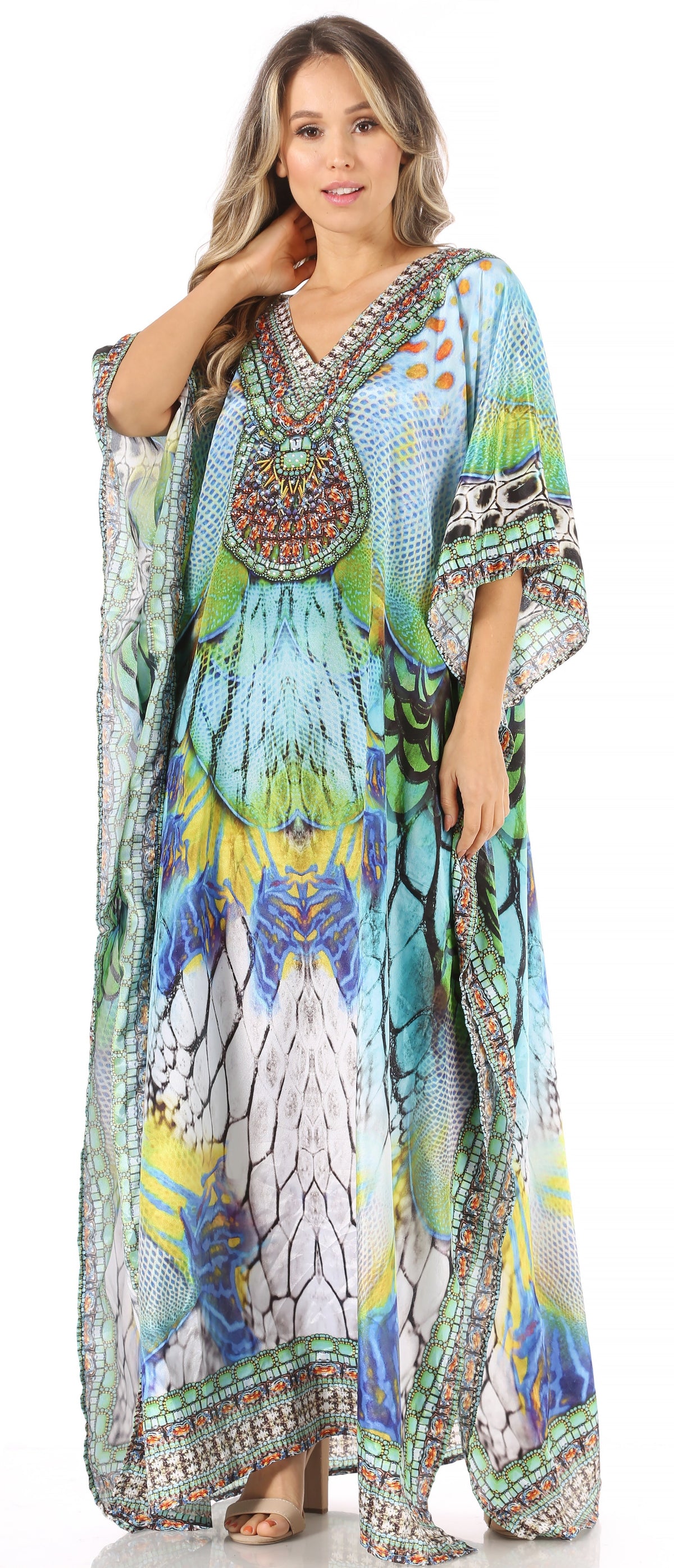 Sakkas Anahi Flowy Design V Neck Long Caftan Dress / Cover Up With Rhinestone