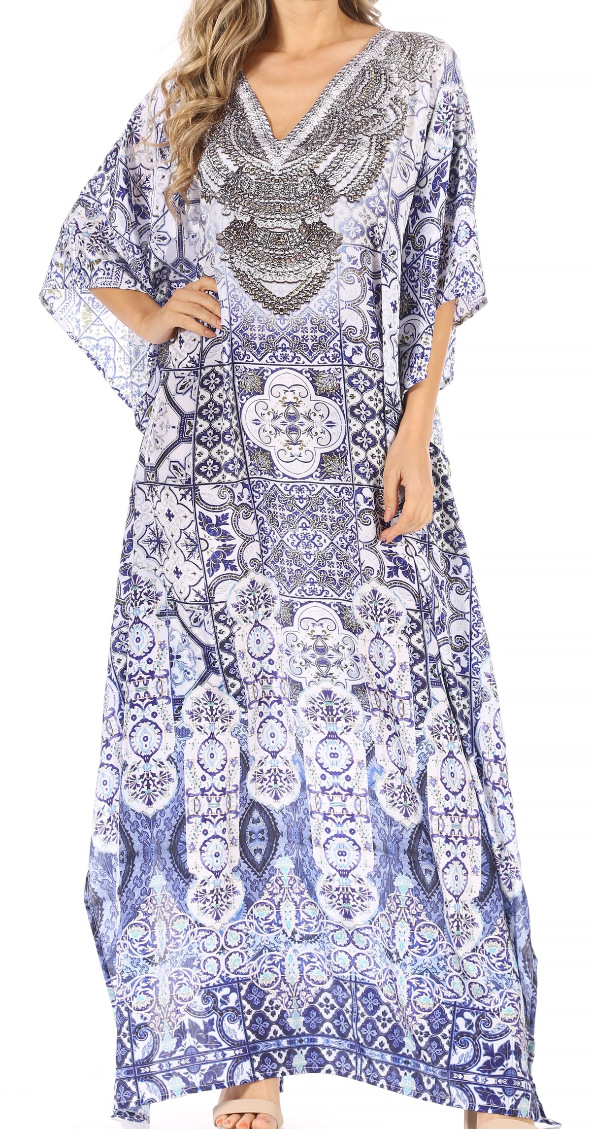 Sakkas Anahi Flowy Design V Neck Long Caftan Dress / Cover Up With Rhinestone