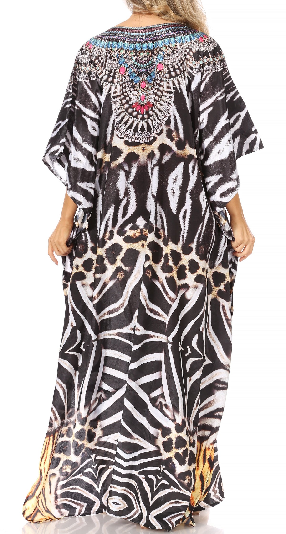Sakkas Anahi Flowy Design V Neck Long Caftan Dress / Cover Up With Rhinestone