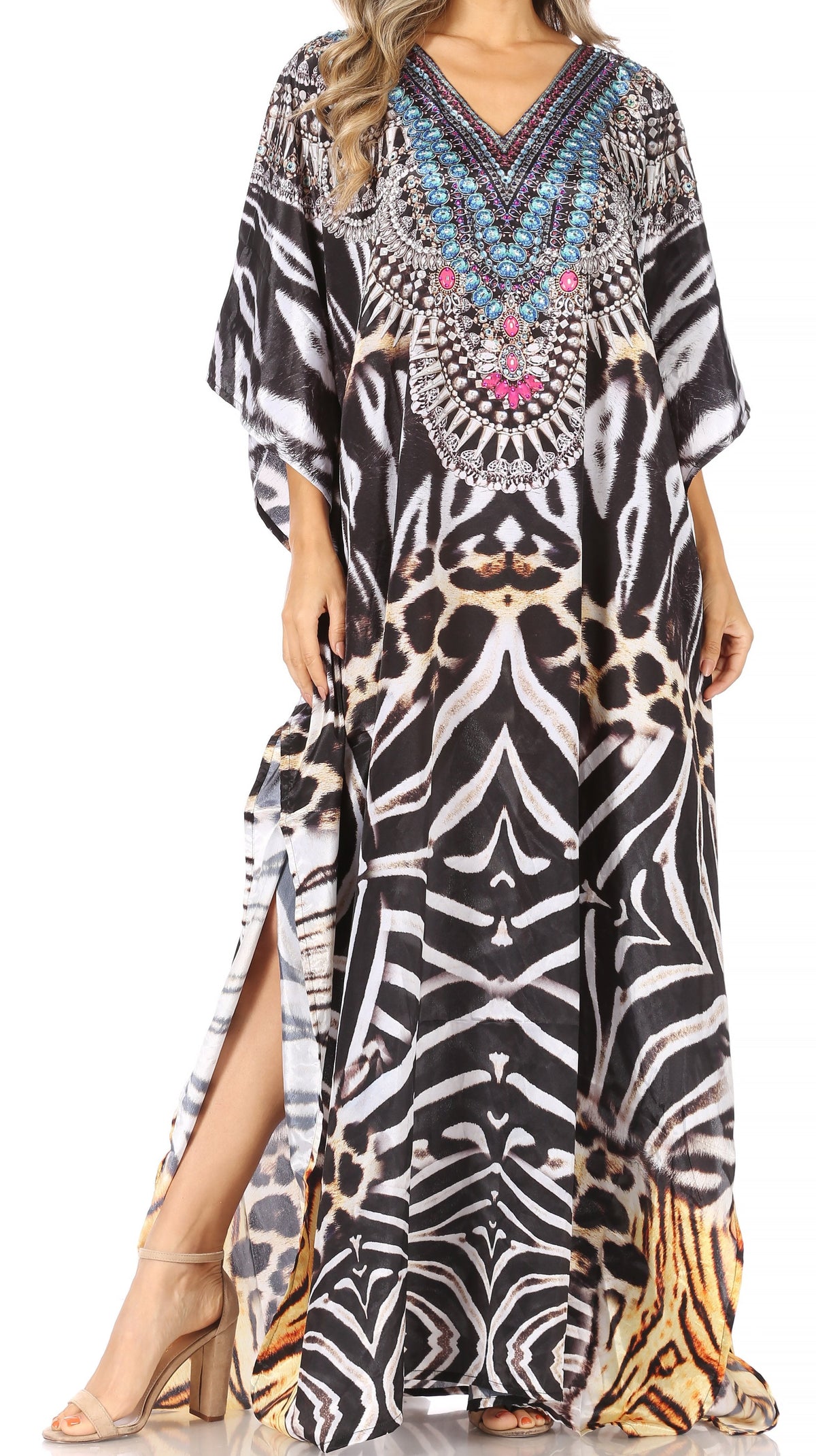 Sakkas Anahi Flowy Design V Neck Long Caftan Dress / Cover Up With Rhinestone
