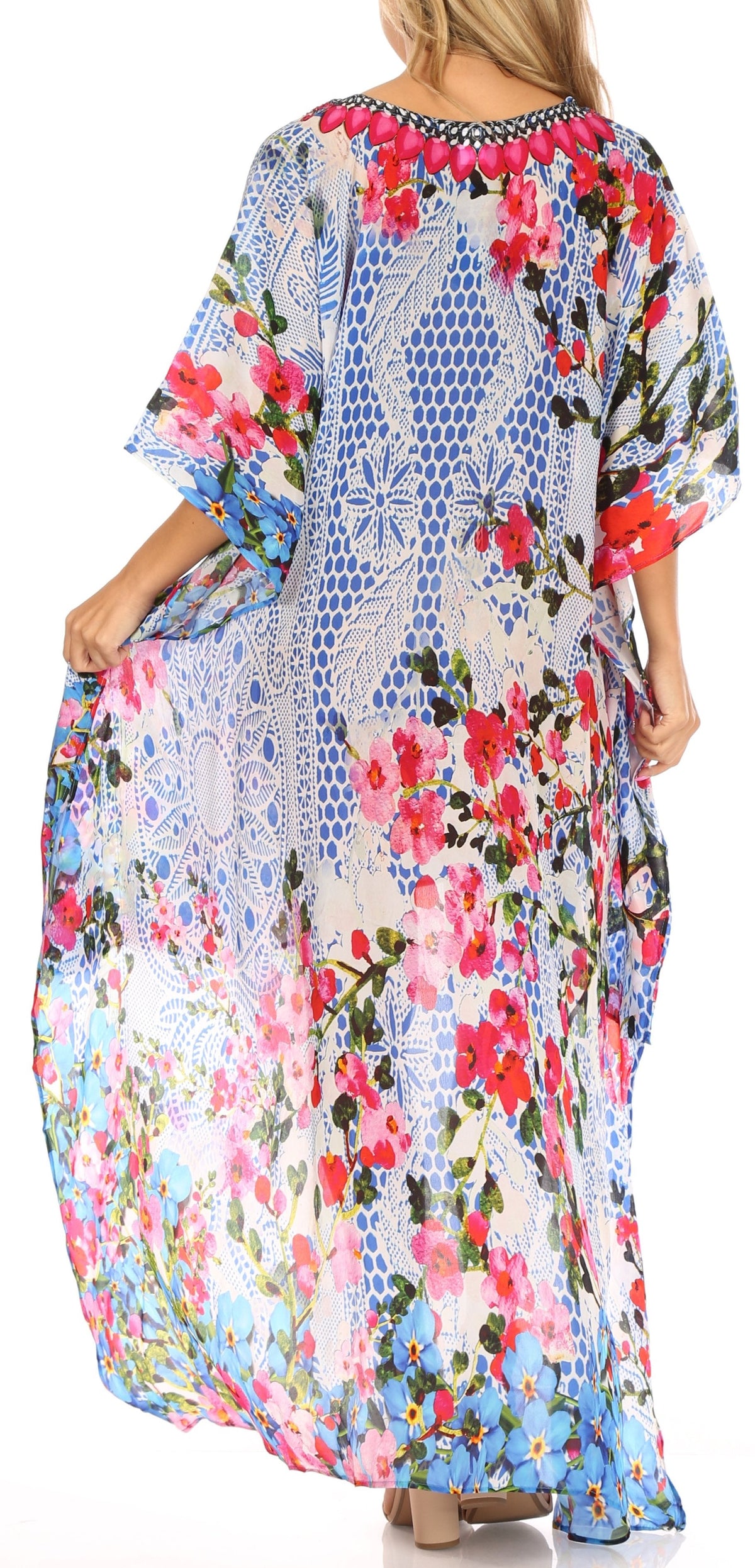 Sakkas Laisson Flowy Hi Low Caftan Rhinestone Boxy V Neck Dress Top Cover / Up