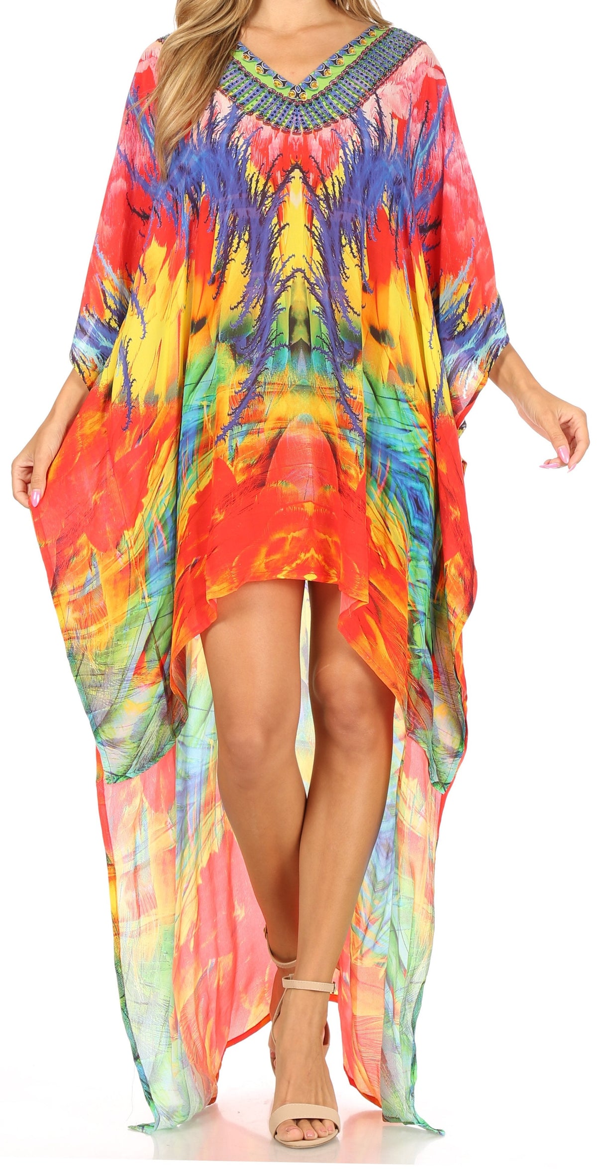 Sakkas Laisson Flowy Hi Low Caftan Rhinestone Boxy V Neck Dress Top Cover / Up
