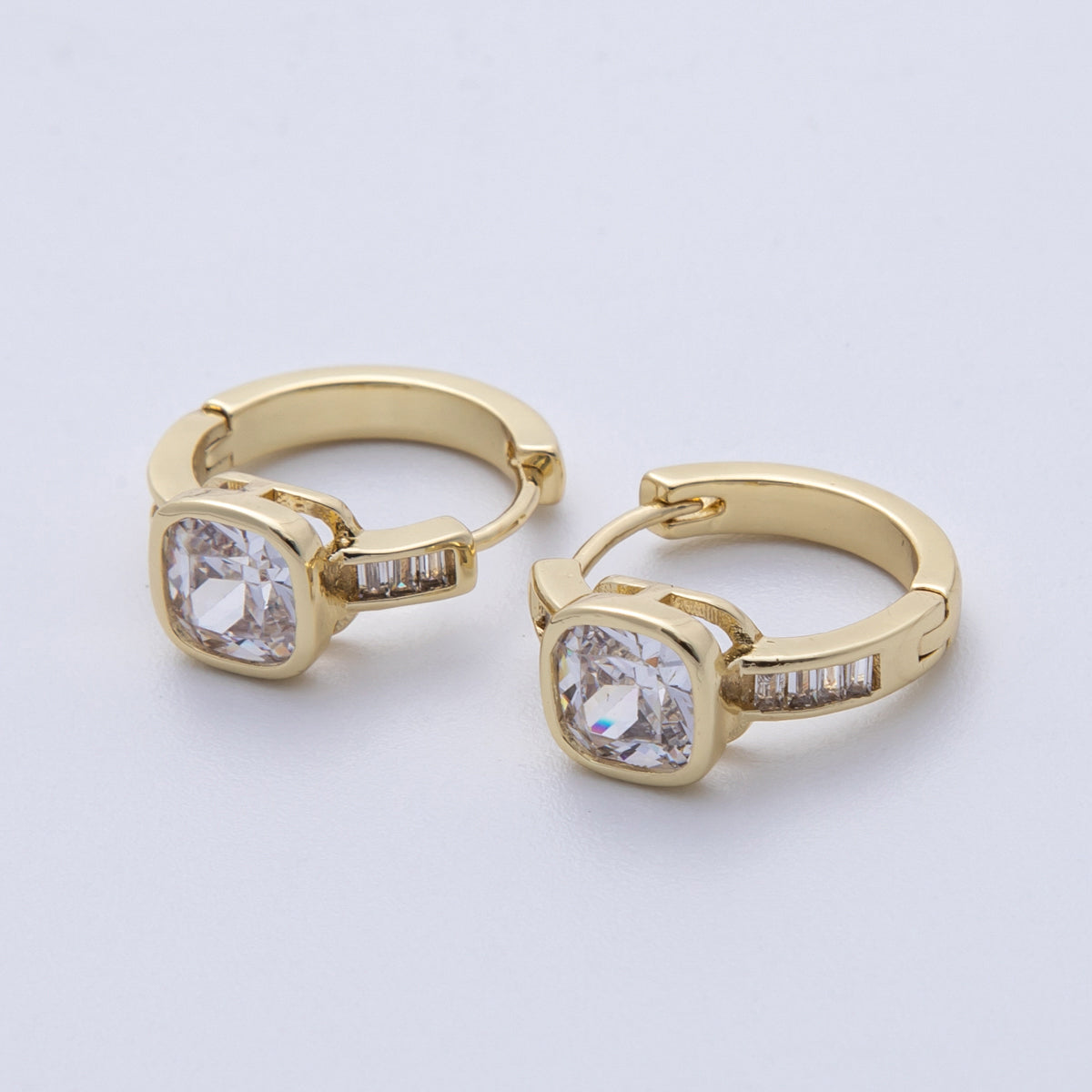 14K Gold Filled 15mm Clear CZ Square Solitaire Baguette Paved Hoop Earrings | Earrings-00148