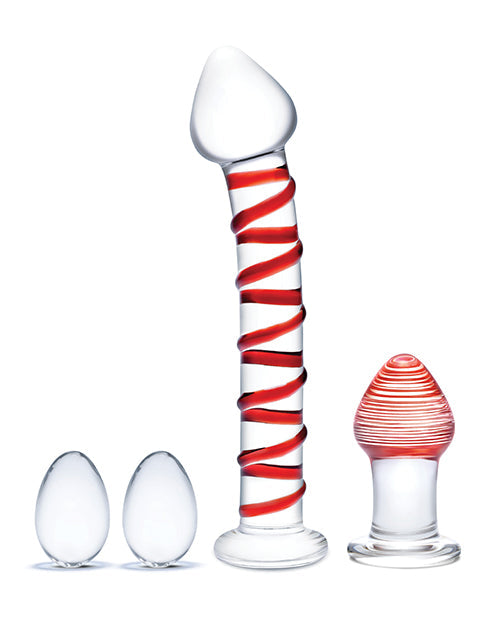 Glas 4-Piece Glass Dildo Set | Mr Swirly Glass Kegel Balls | 3.25" Red Butt Plug