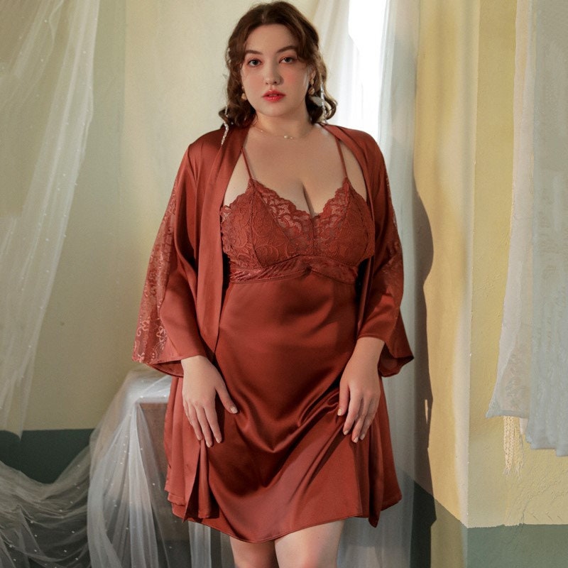 Luxurious Lace Satin Bridal Lingerie Set with Nightgown & Robe - 7 Colors Next Day Shipping