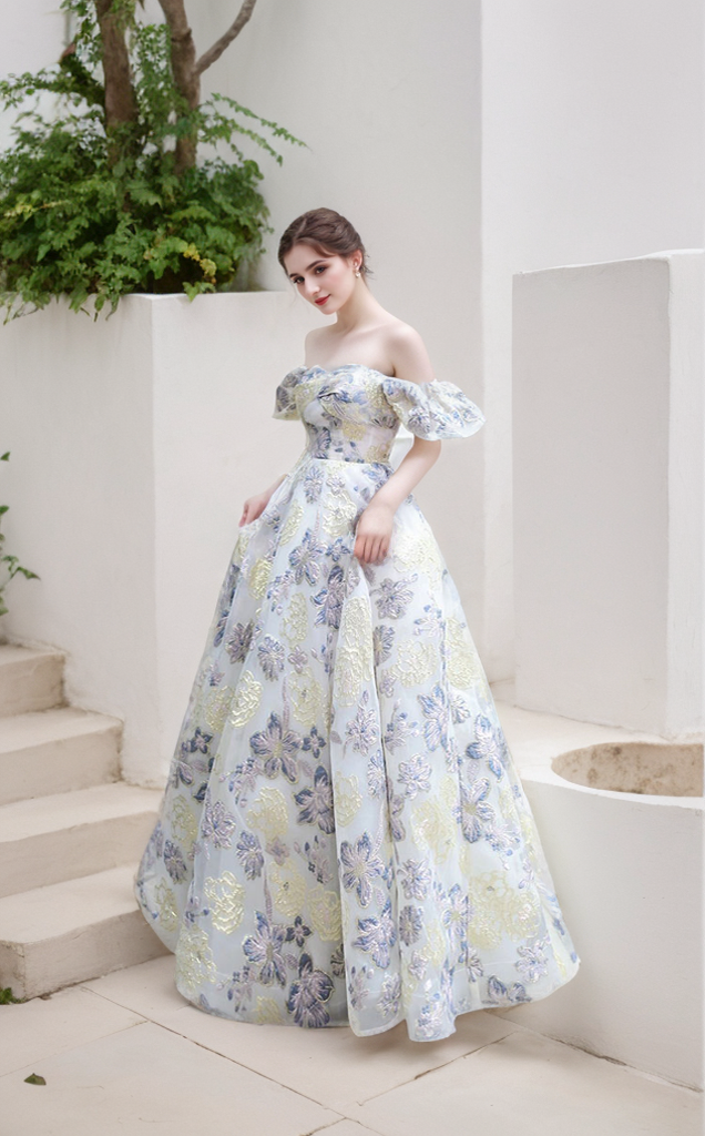 Elora - embroidery golden blue floral pattern off-the-shoulder Princess Prom Dress