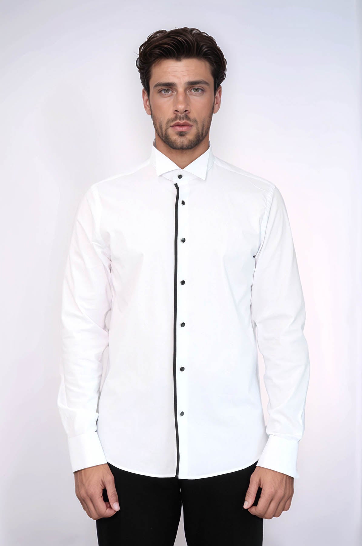 Black Stripe Detailed White Men Tuxedo Shirt - Wessi
