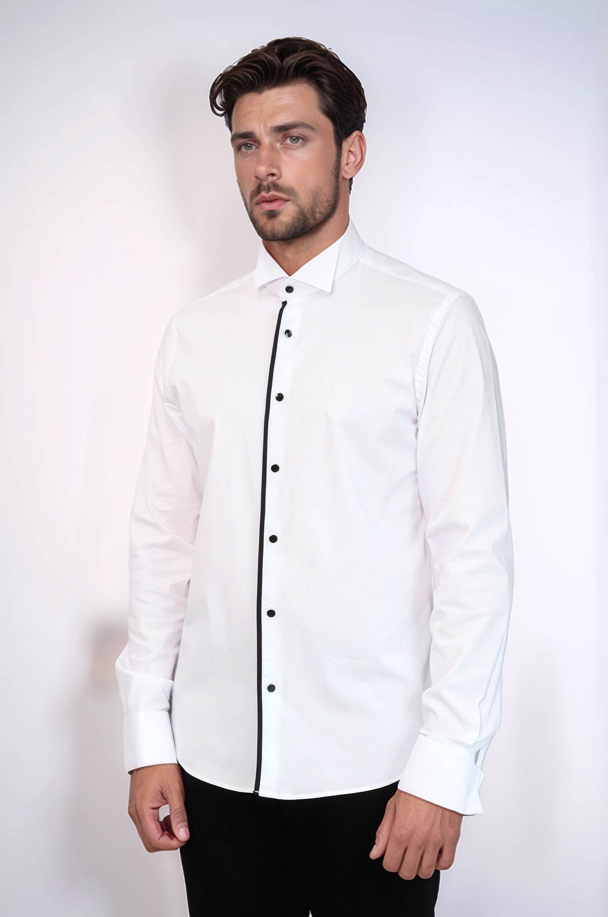 Black Stripe Detailed White Men Tuxedo Shirt - Wessi