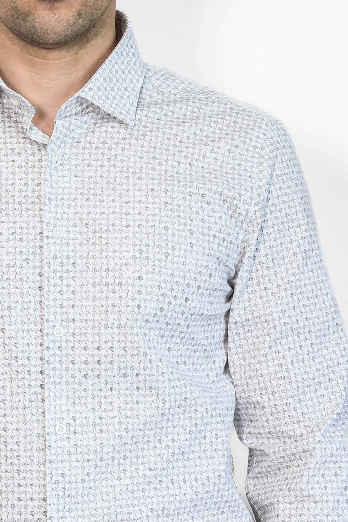 Houndstooth Pattern Slim Fit Ecru Men Shirt - Wessi