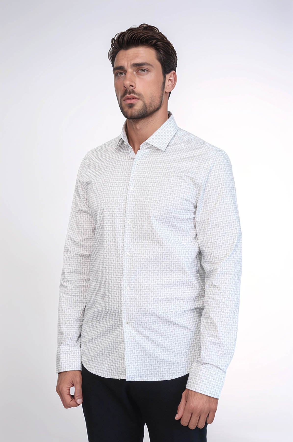 Houndstooth Pattern Slim Fit Ecru Men Shirt - Wessi