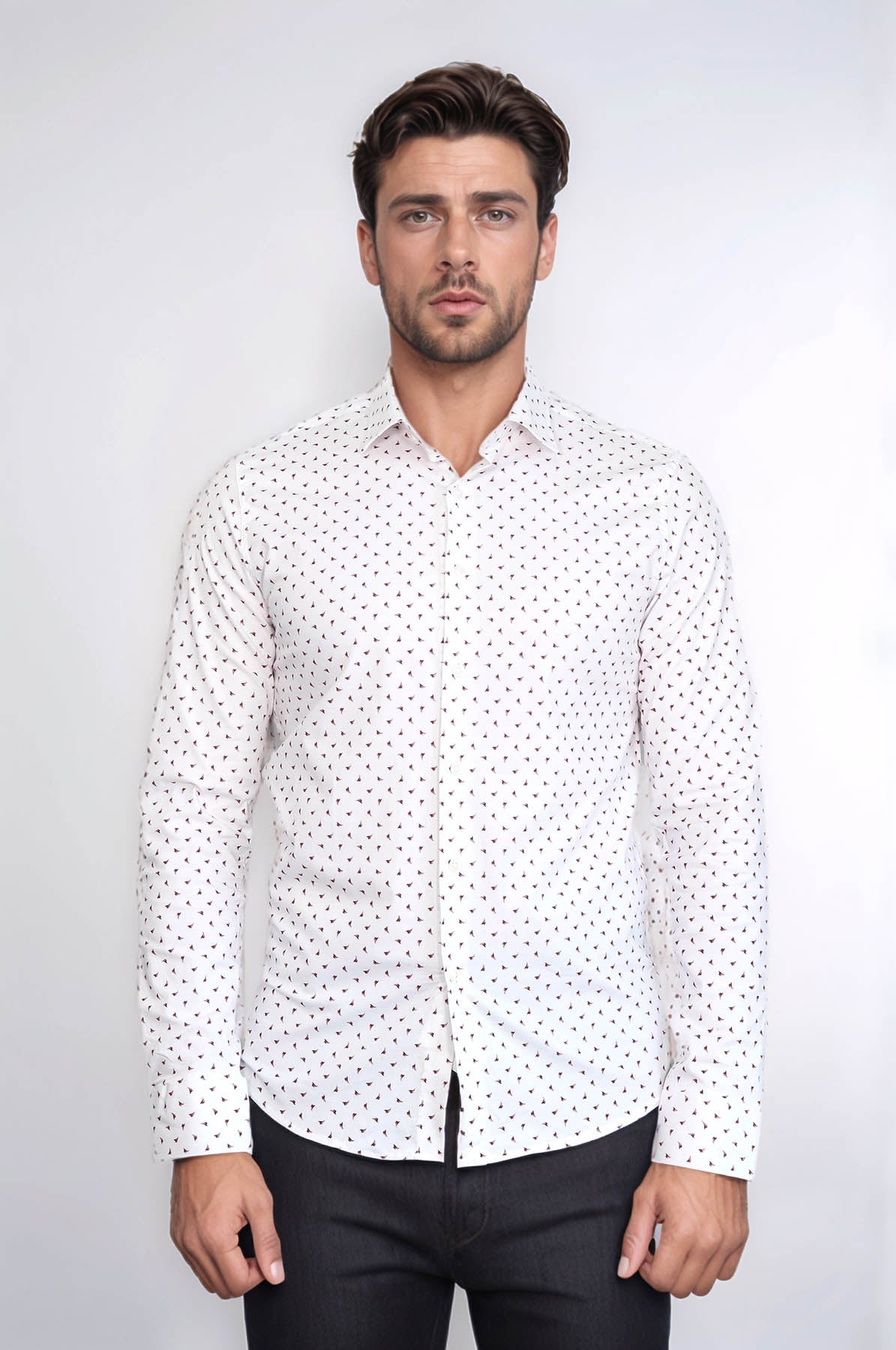 Men’s White Shirt with Minimal Burgundy Pattern – Wessi