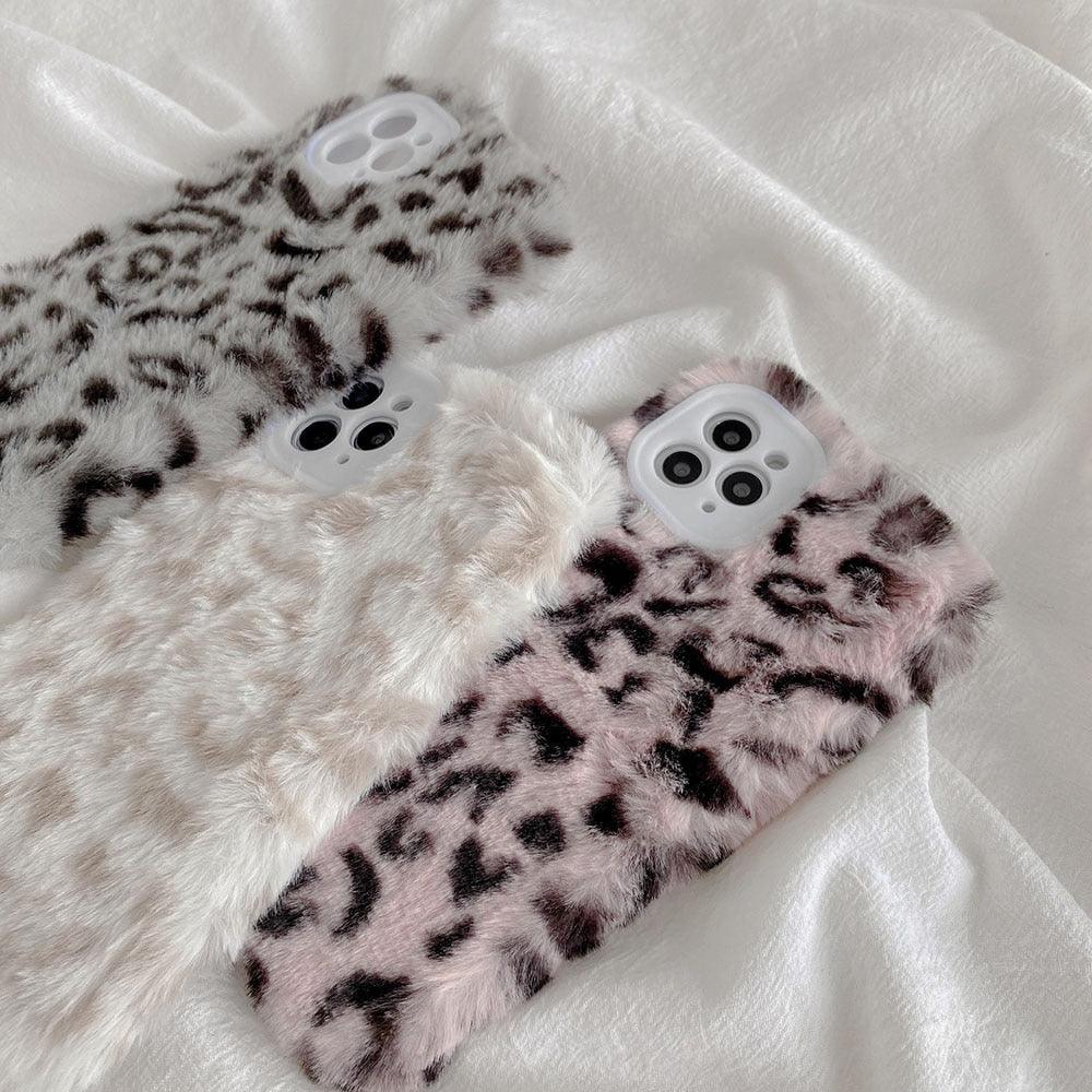 Fashion Fluffy Plush Leopard Camera Protection Phone Case For iphone 13 11 12 Pro MAX X XS XR Winter Warm Girl Soft and Comfortable Case Unique Design Soft Cover
