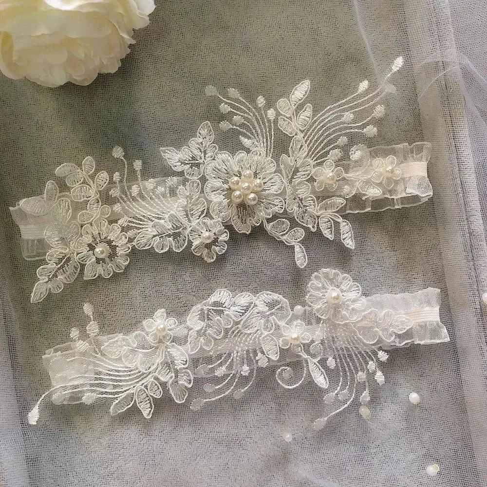 K03 2 PCS Sexy Lace Flower Crystal Pearls Wedding Garter Belt Thigh Ring Bridal Leg Garter Stocking Garter Belt Girl Women