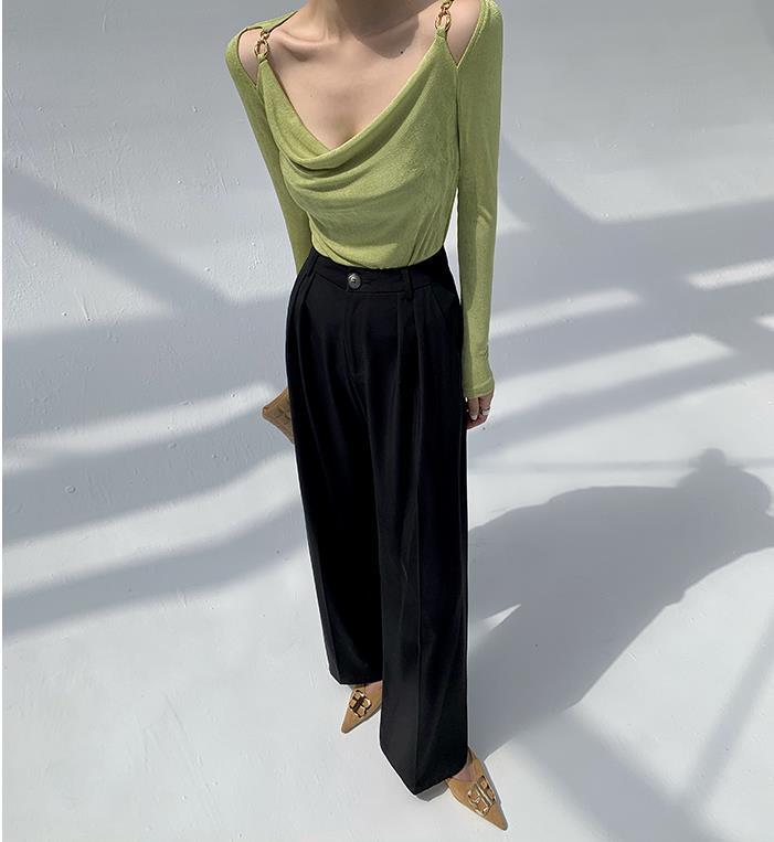 Sexy Swing Collar Cropped Tops Women Autumn Metal Design Skinny Long Sleeve T-Shirt Outwear