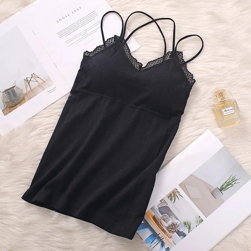 Women Vertical Rib Long Camisole With Crisscross Thin Straps Romantic Lace Trim V Neck Built-In Chest Pads Daily Inner Sling Top
